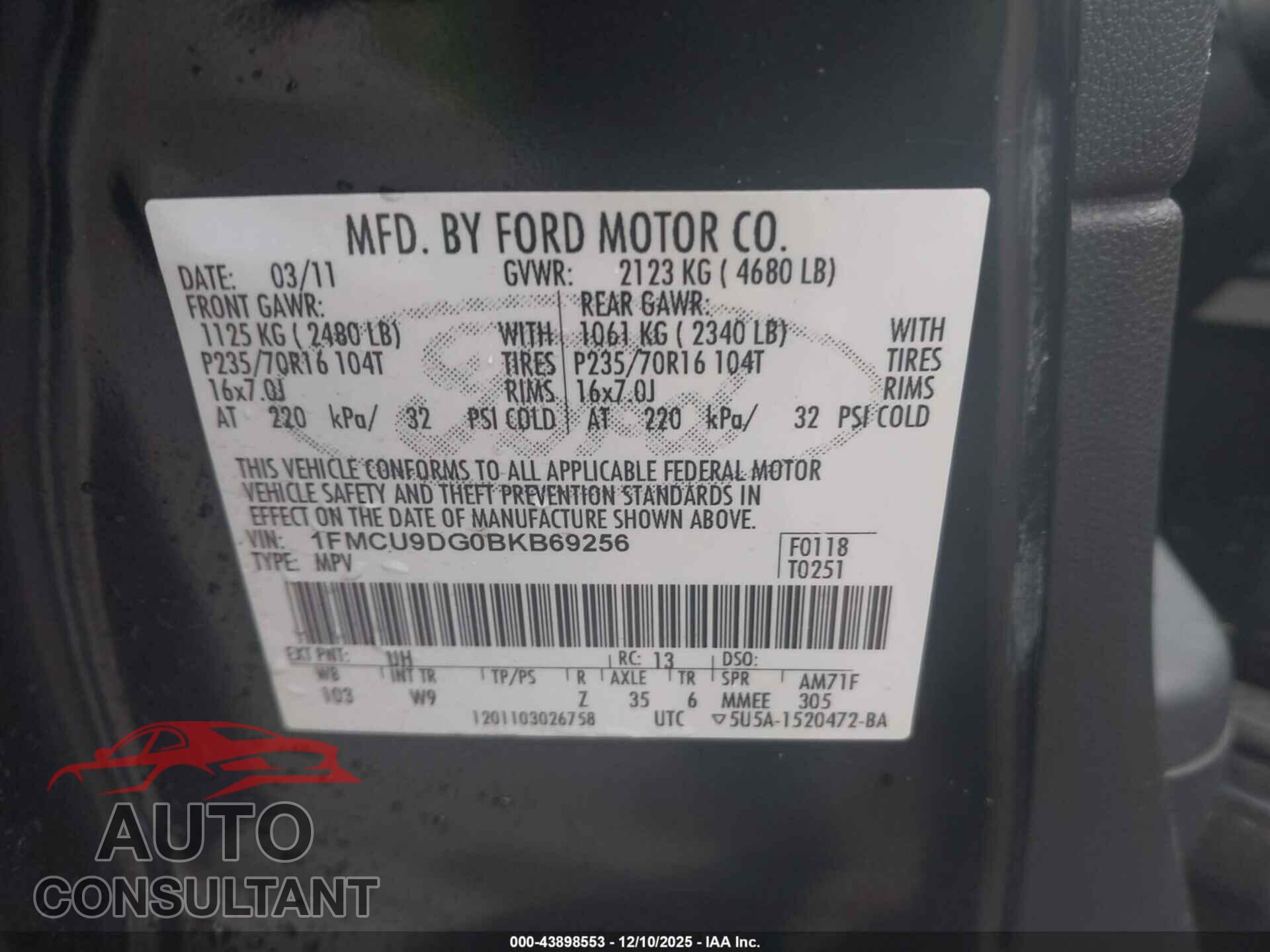 FORD ESCAPE 2011 - 1FMCU9DG0BKB69256