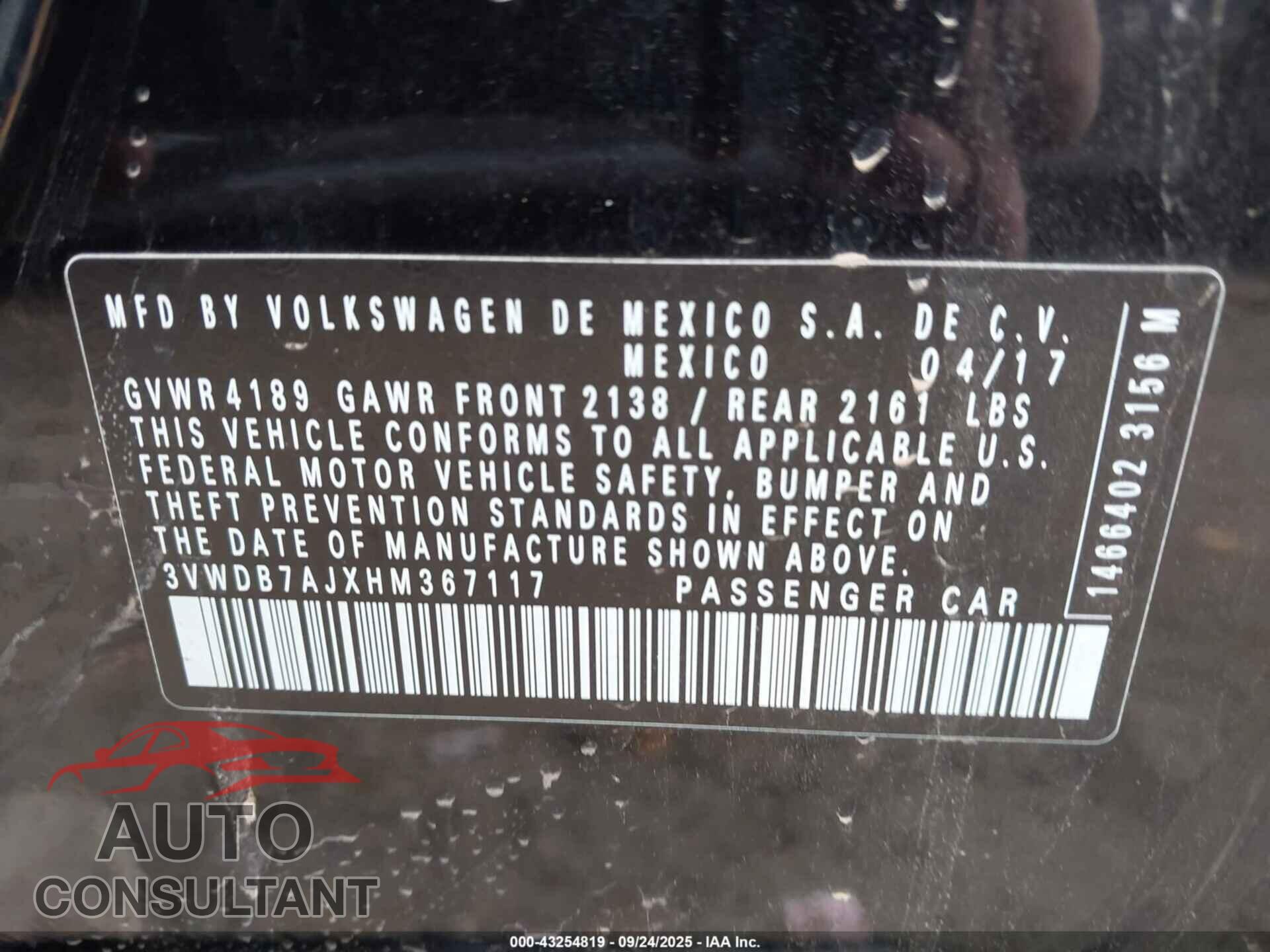 VOLKSWAGEN JETTA 2017 - 3VWDB7AJXHM367117