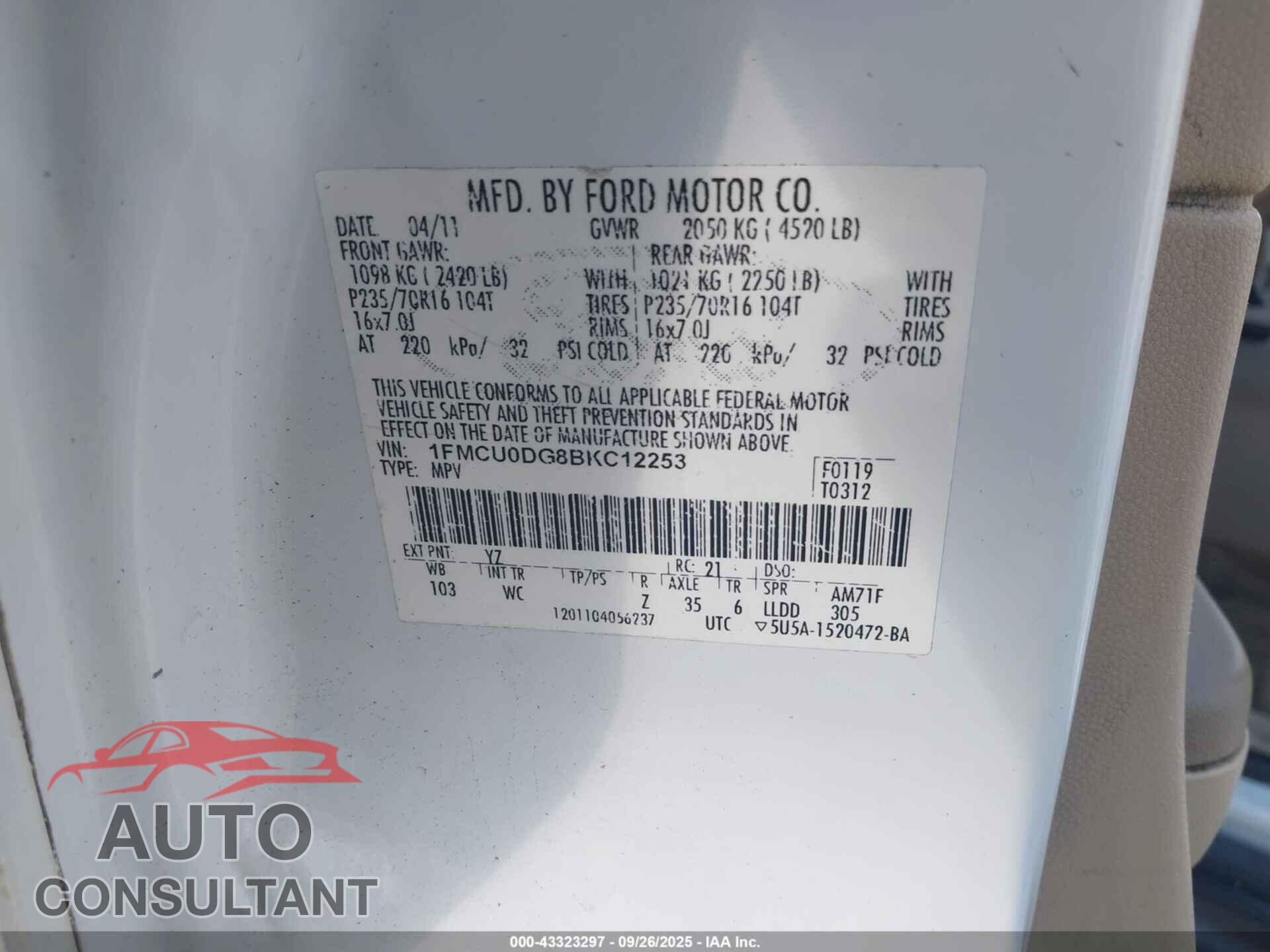 FORD ESCAPE 2011 - 1FMCU0DG8BKC12253