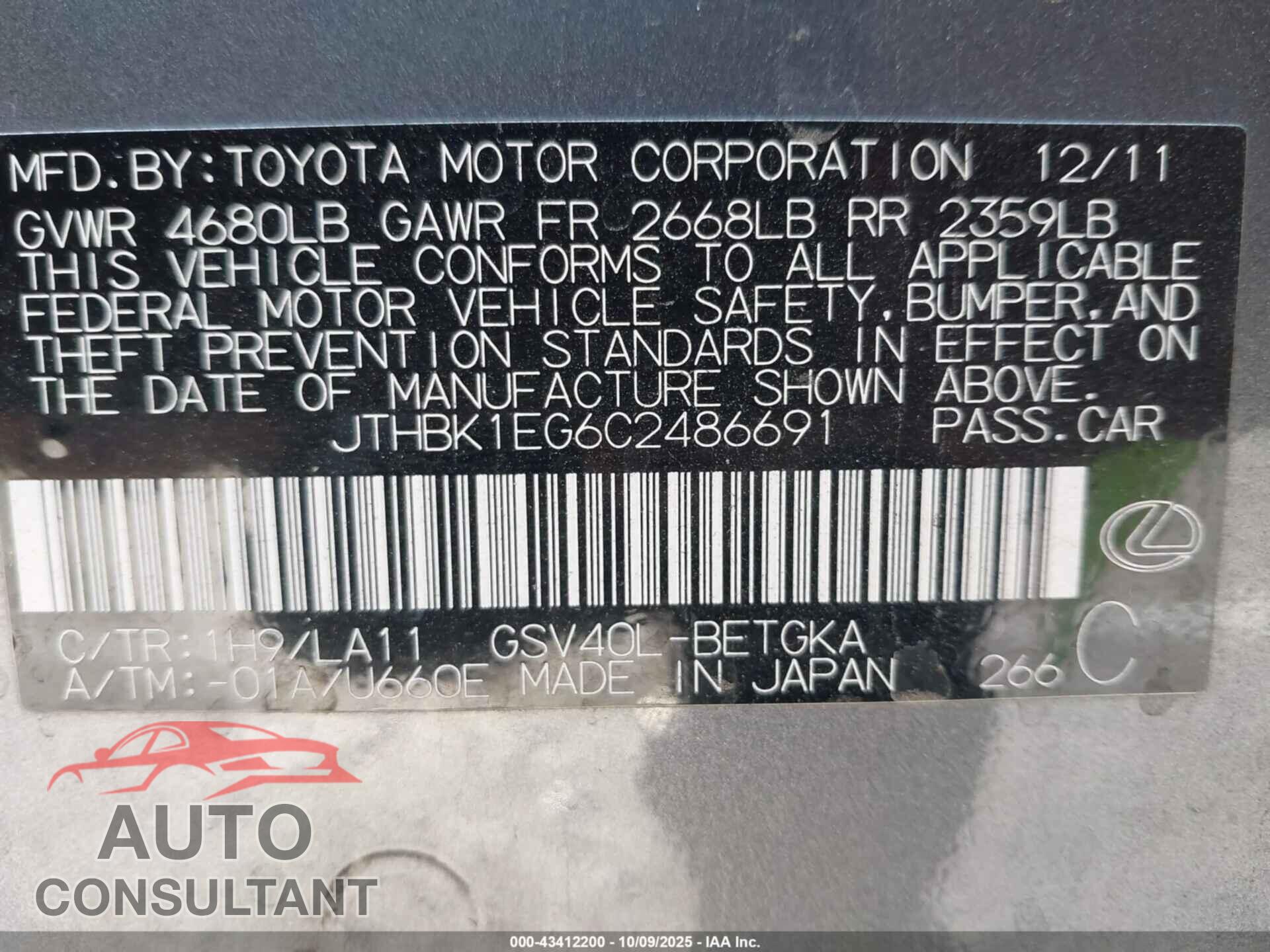LEXUS ES 350 2012 - JTHBK1EG6C2486691