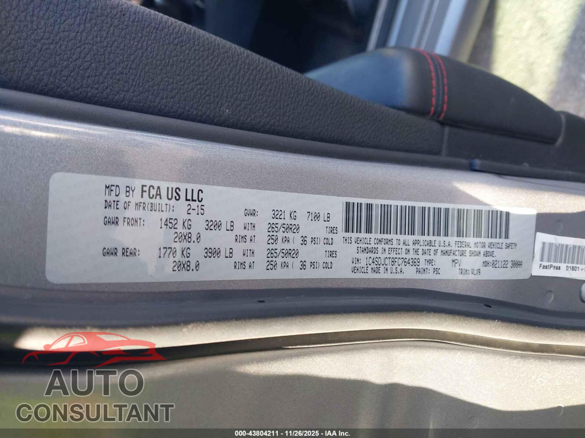 DODGE DURANGO 2015 - 1C4SDJCT8FC764369