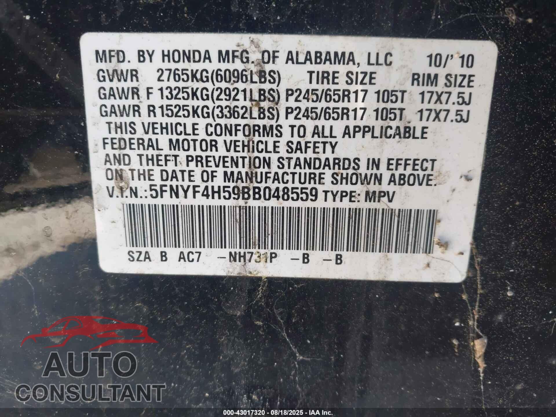 HONDA PILOT 2011 - 5FNYF4H59BB048559