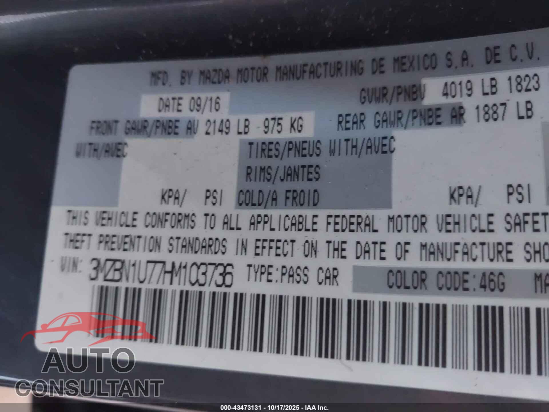 MAZDA MAZDA3 2017 - 3MZBN1U77HM103736