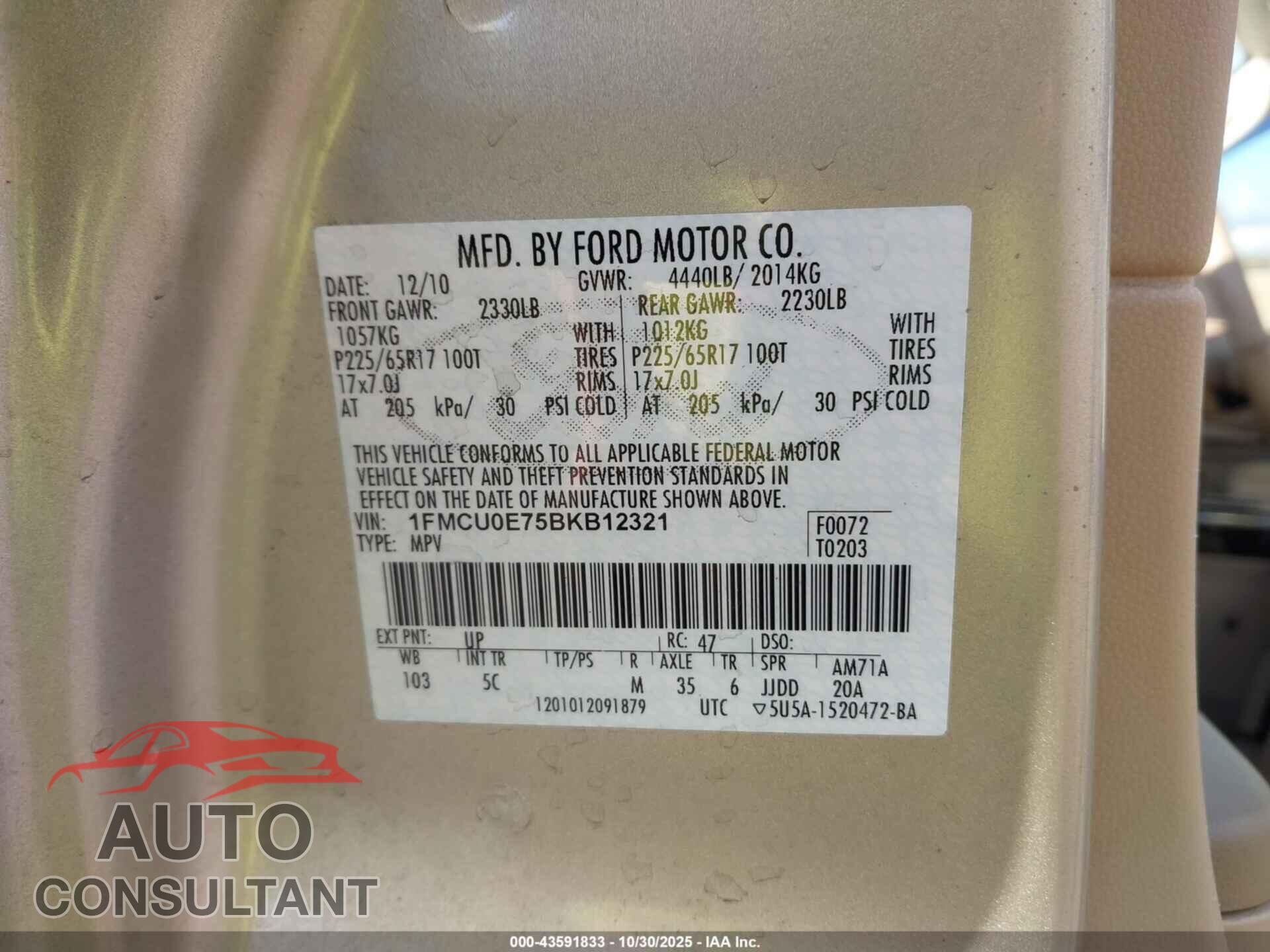 FORD ESCAPE 2011 - 1FMCU0E75BKB12321