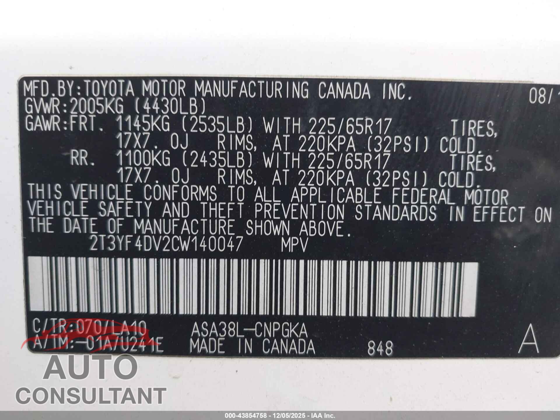TOYOTA RAV4 2012 - 2T3YF4DV2CW140047