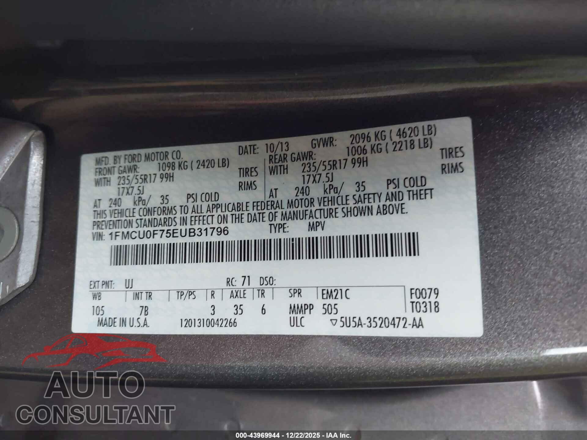 FORD ESCAPE 2014 - 1FMCU0F75EUB31796