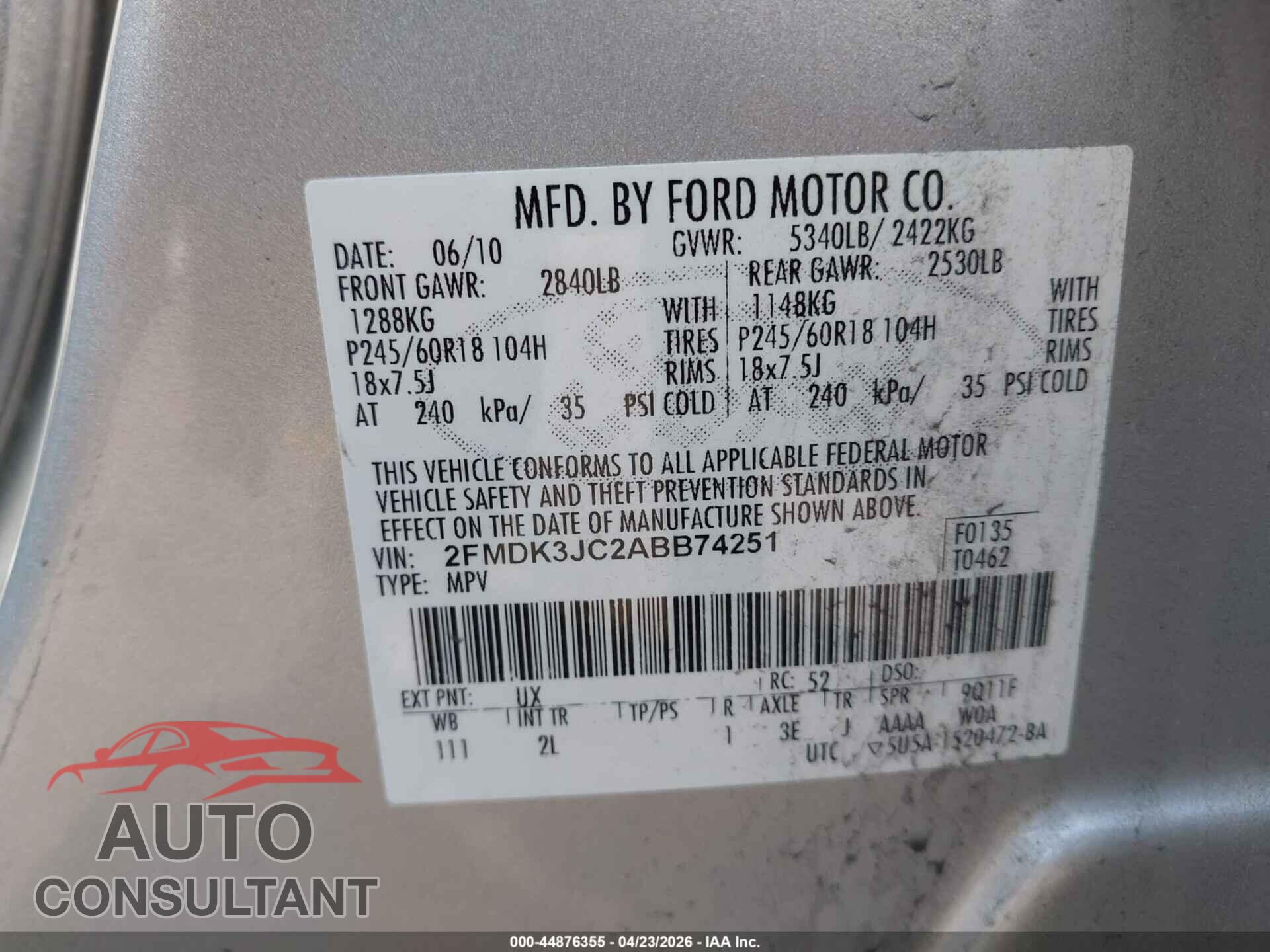 FORD EDGE 2010 - 2FMDK3JC2ABB74251