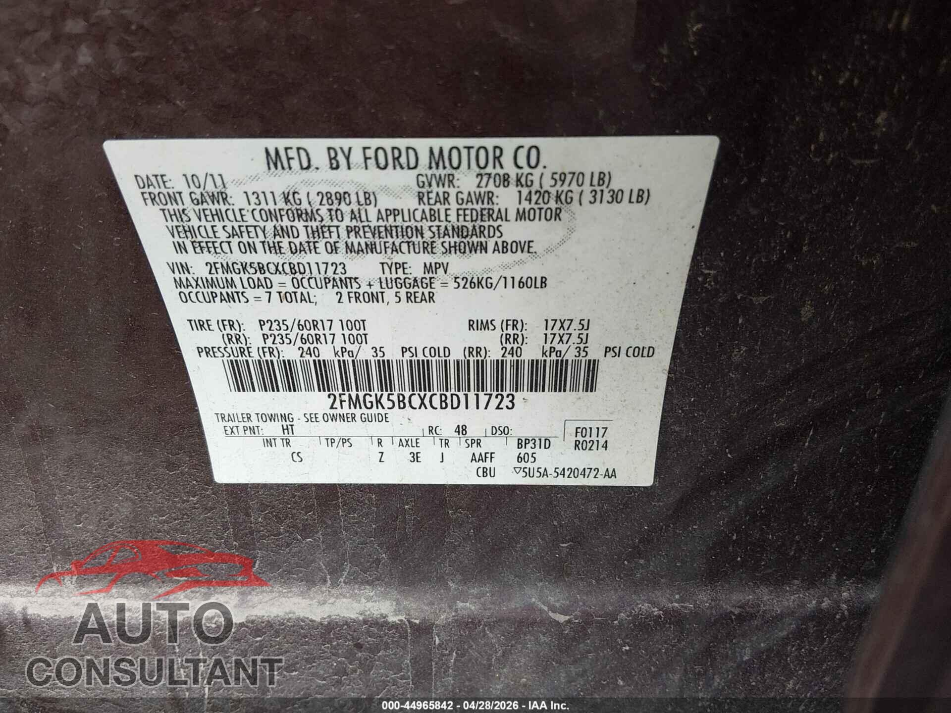 FORD FLEX 2012 - 2FMGK5BCXCBD11723