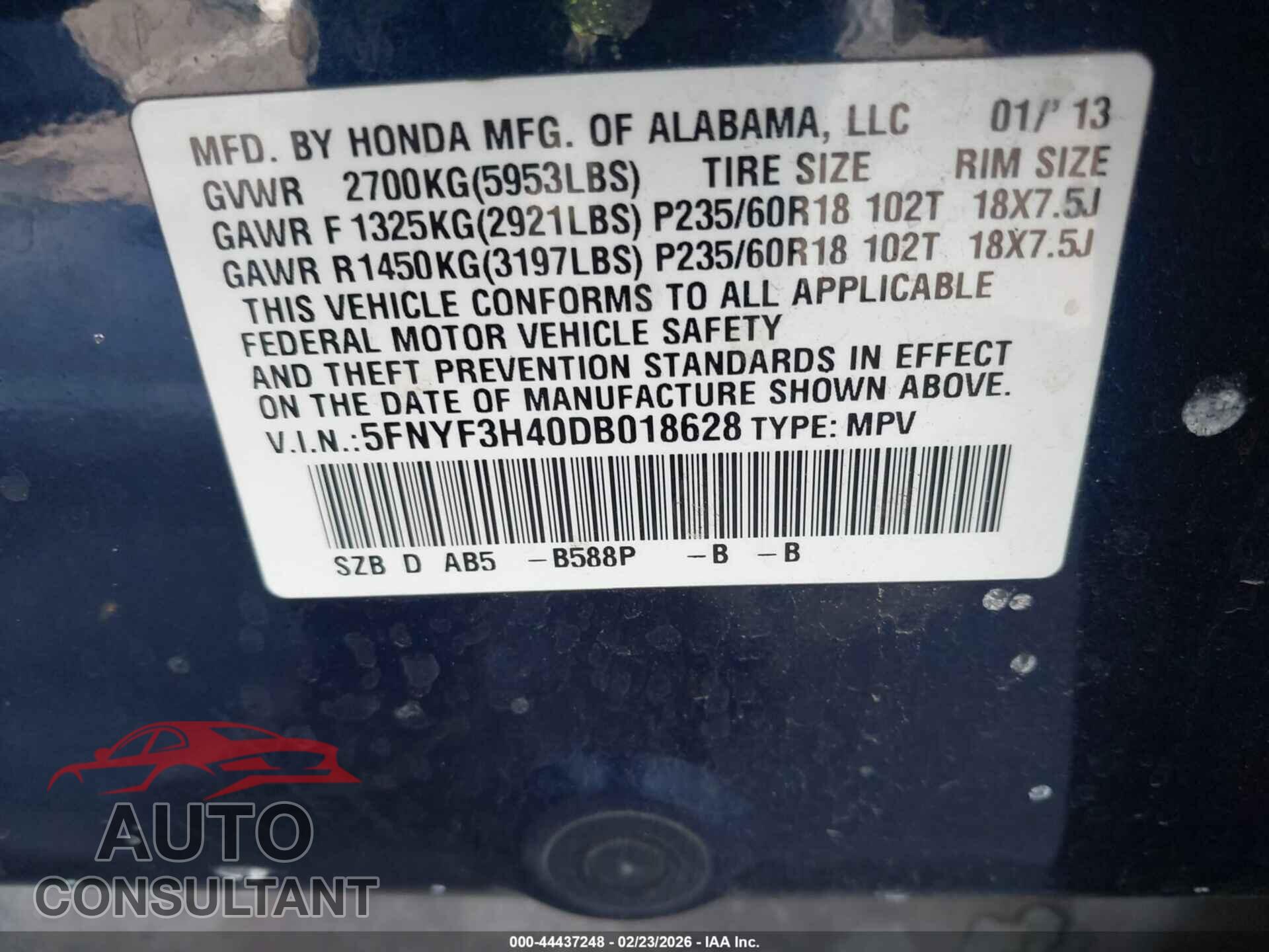 HONDA PILOT 2013 - 5FNYF3H40DB018628