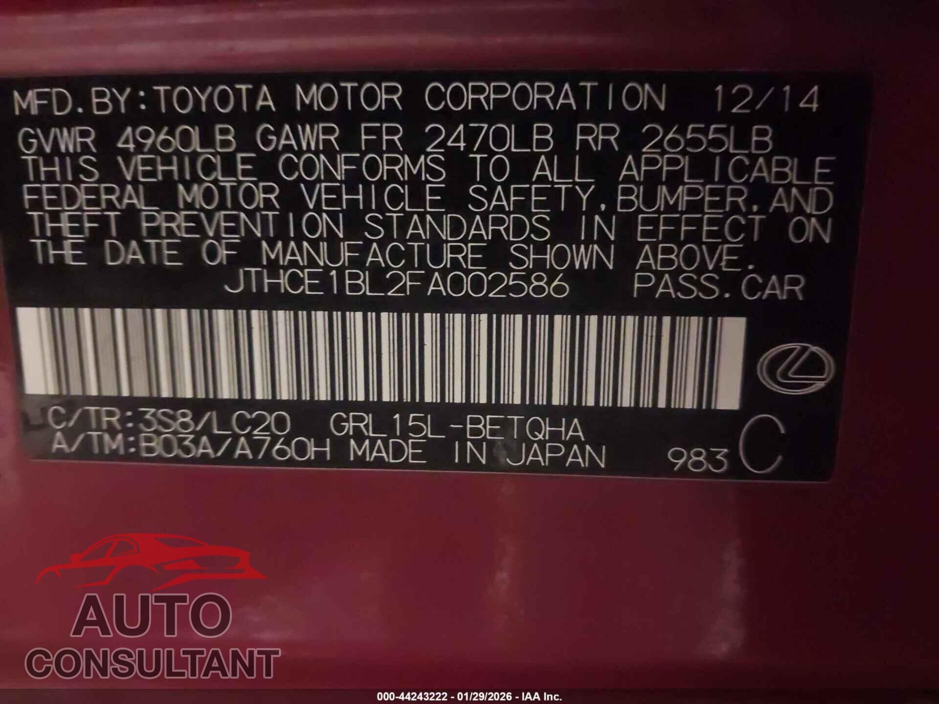 LEXUS GS 350 2015 - JTHCE1BL2FA002586