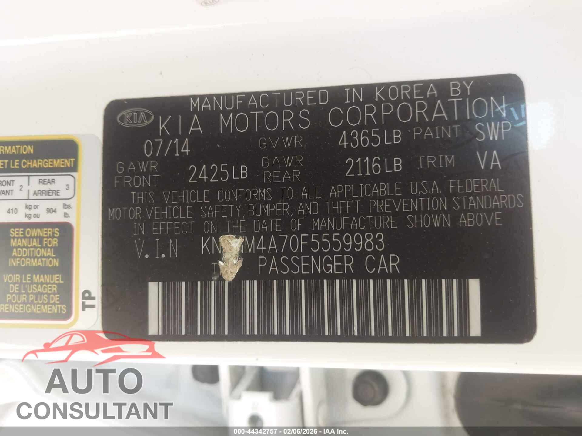 KIA OPTIMA 2015 - KNAGM4A70F5559983