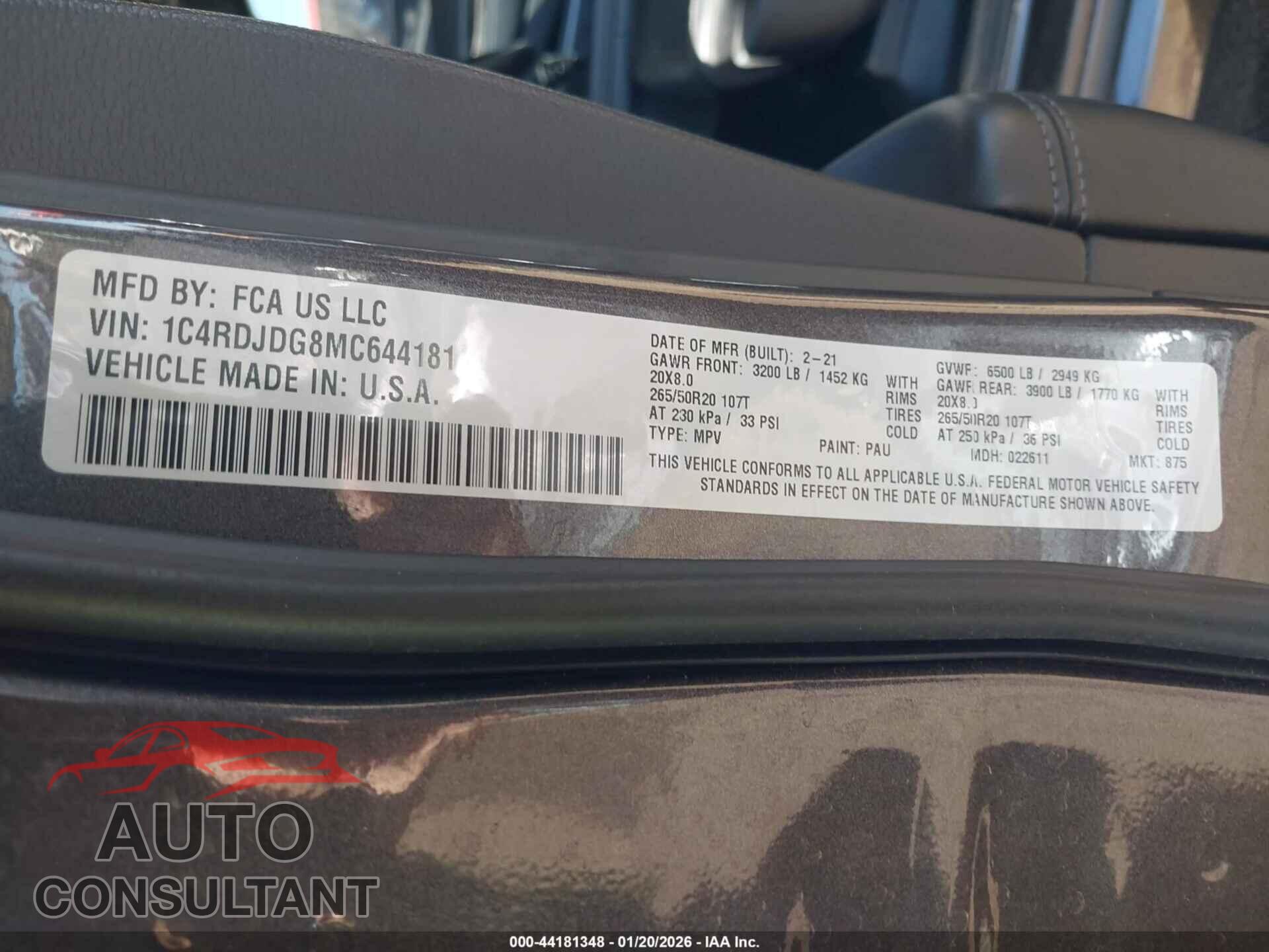 DODGE DURANGO 2021 - 1C4RDJDG8MC644181