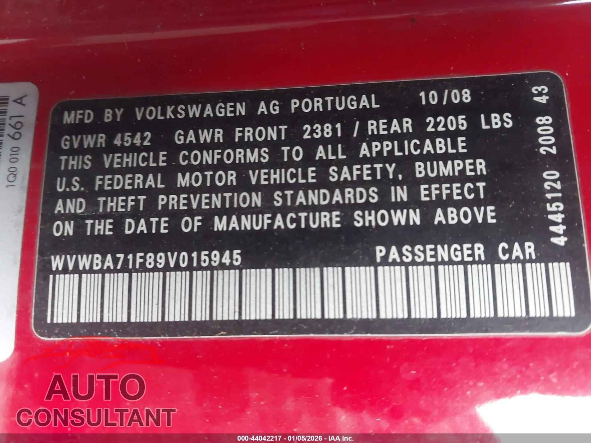 VOLKSWAGEN EOS 2009 - WVWBA71F89V015945