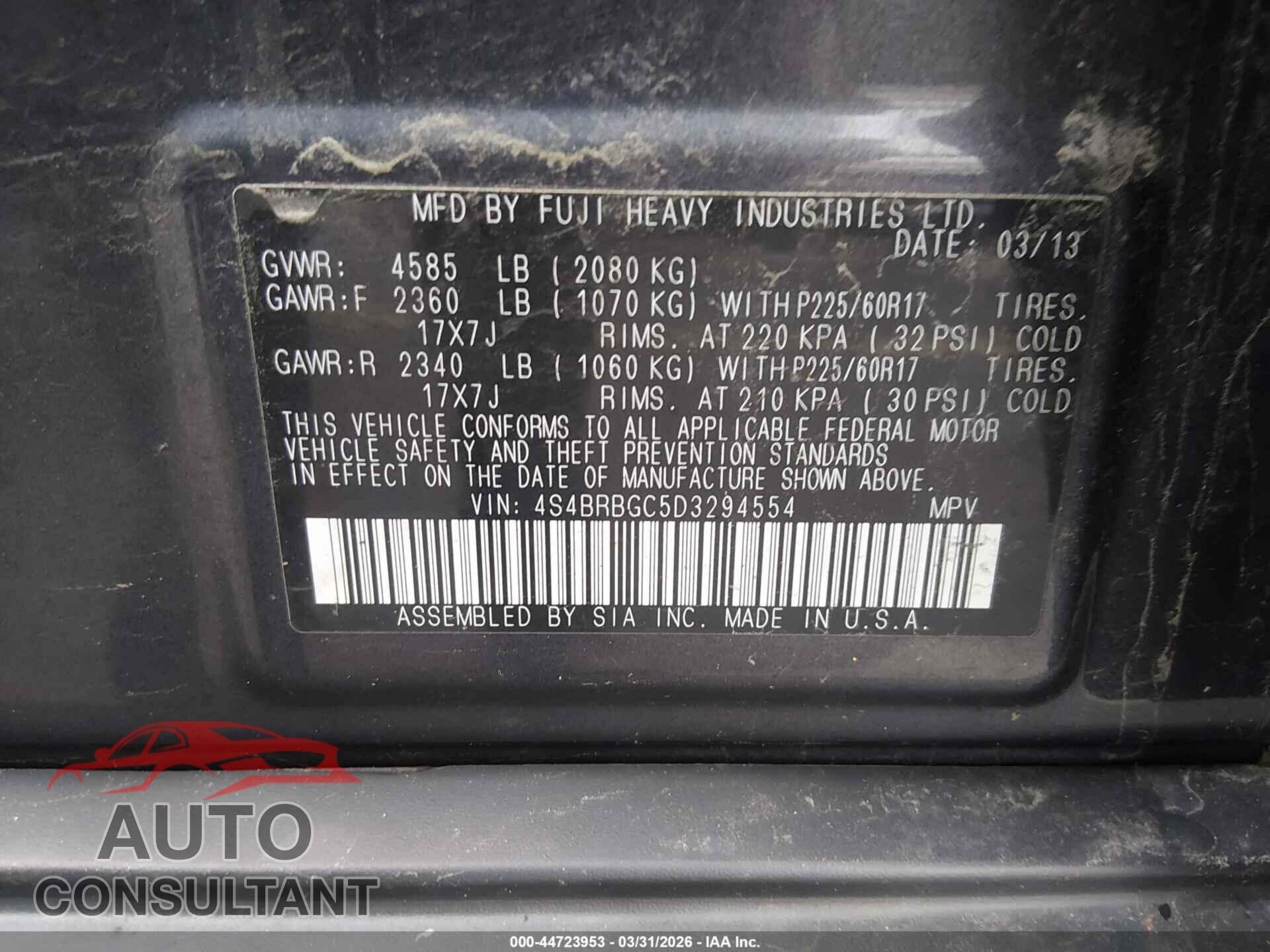 SUBARU OUTBACK 2013 - 4S4BRBGC5D3294554