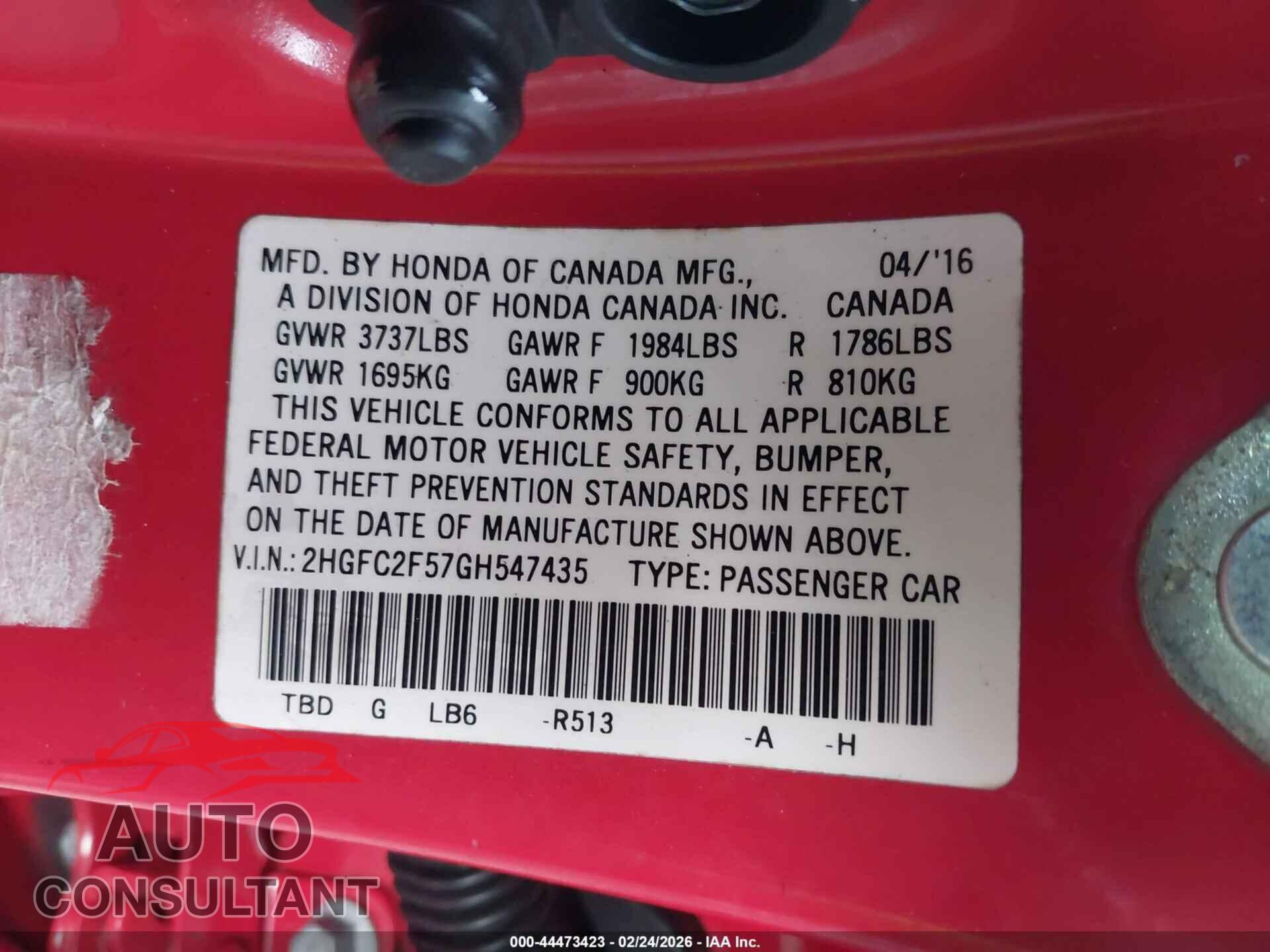 HONDA CIVIC 2016 - 2HGFC2F57GH547435