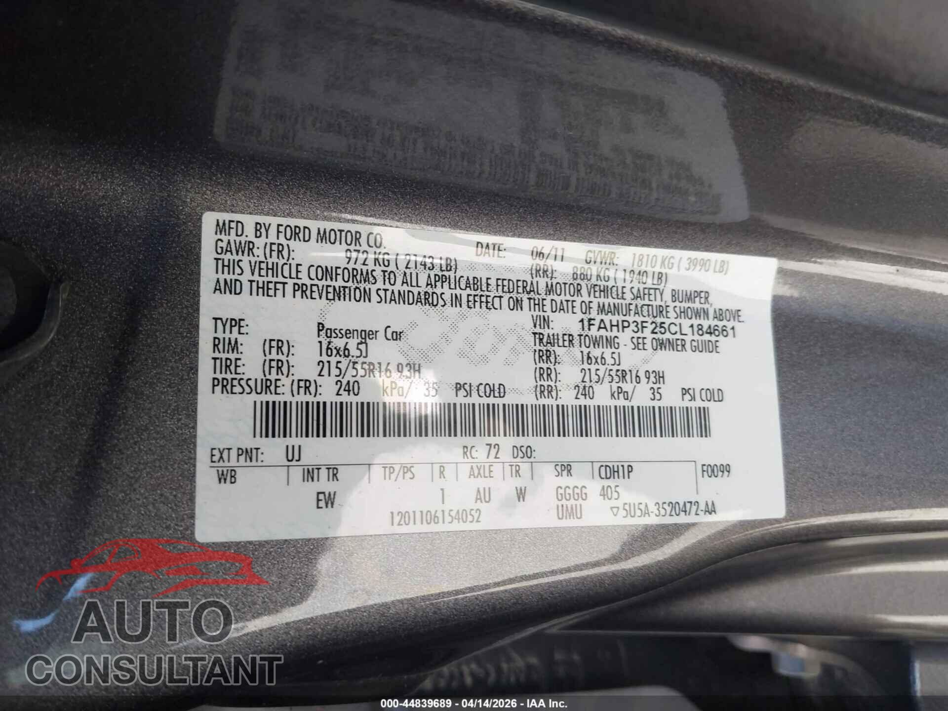 FORD FOCUS 2012 - 1FAHP3F25CL184661