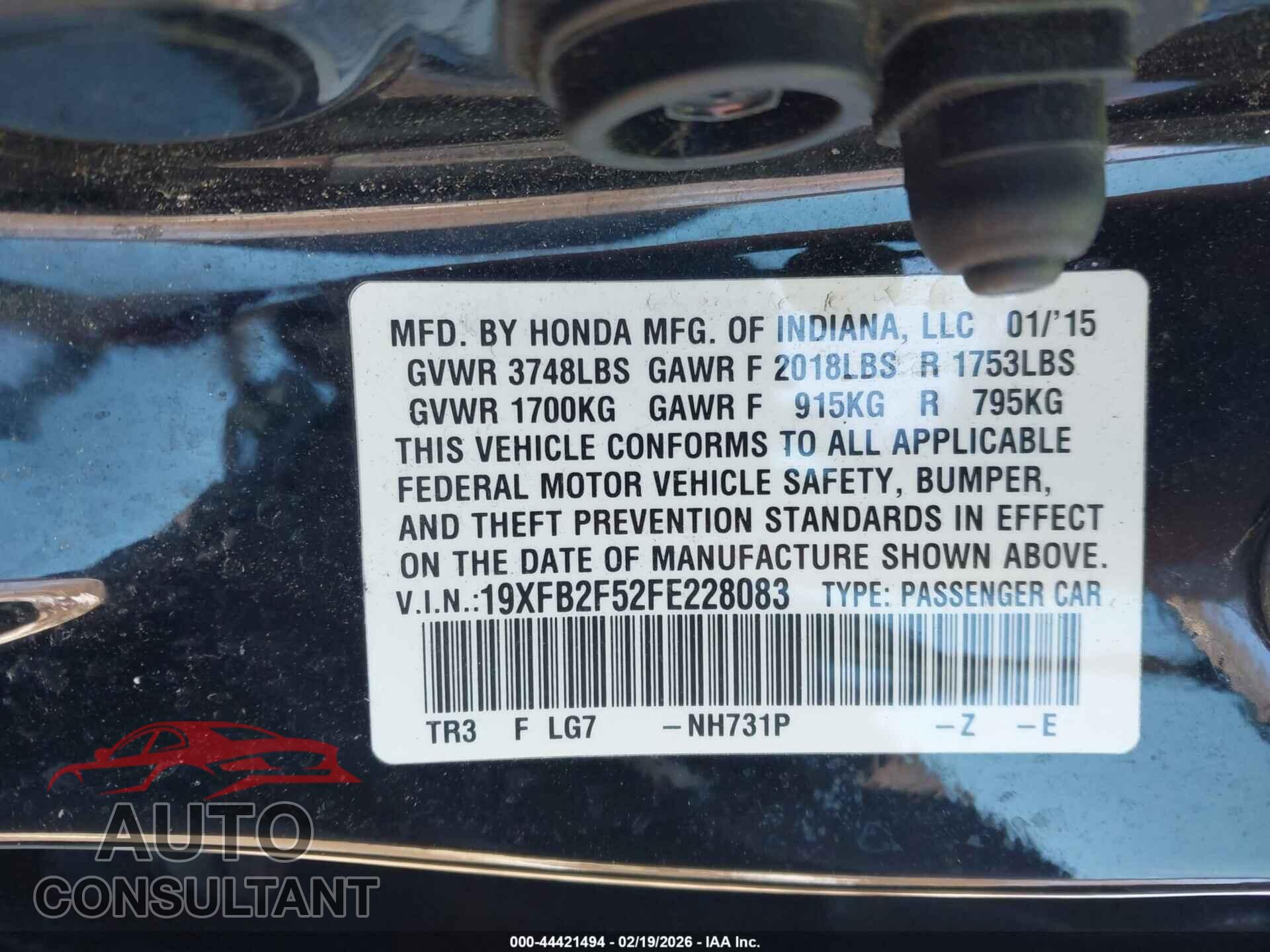 HONDA CIVIC 2015 - 19XFB2F52FE228083