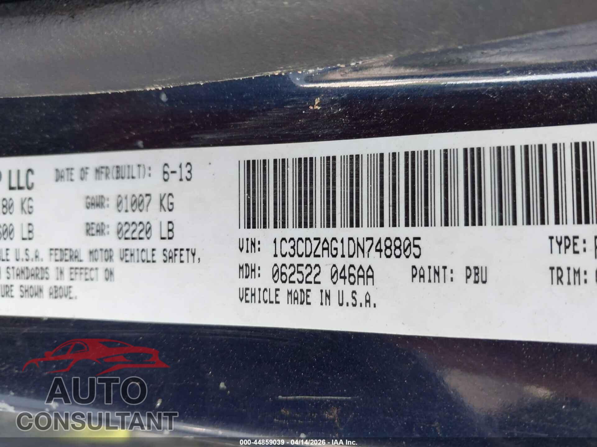 DODGE AVENGER 2013 - 1C3CDZAG1DN748805