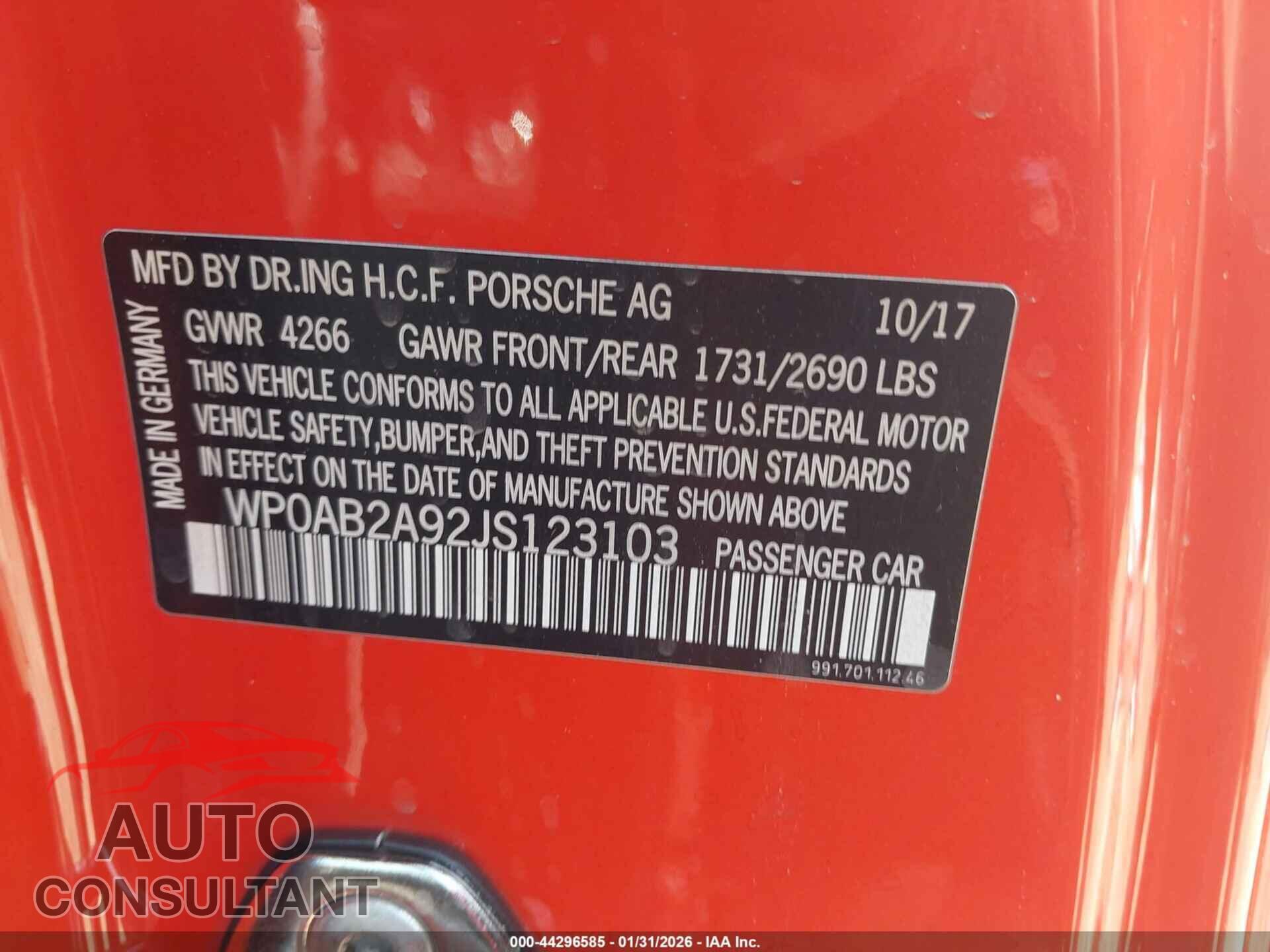 PORSCHE 911 2018 - WP0AB2A92JS123103