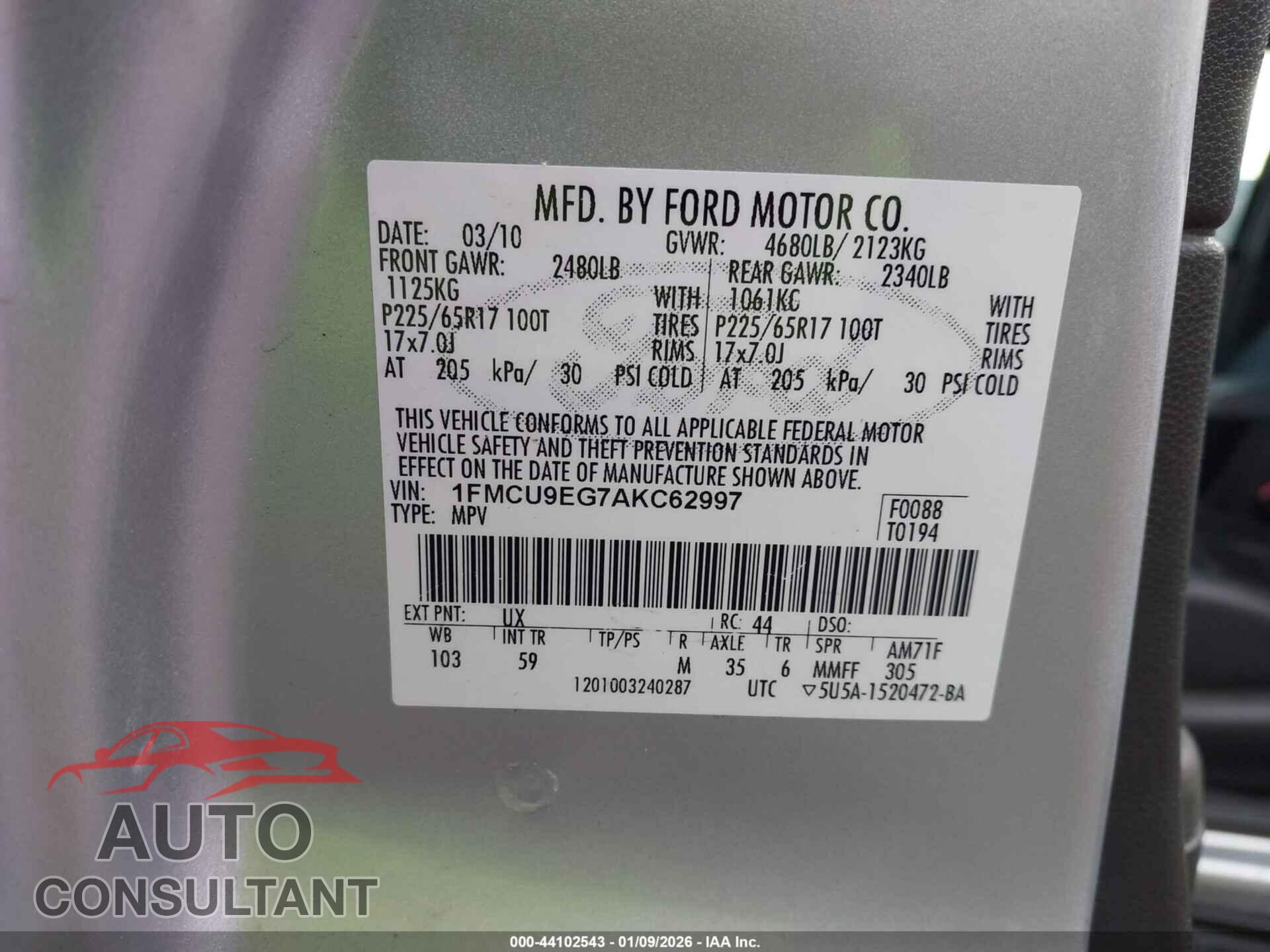 FORD ESCAPE 2010 - 1FMCU9EG7AKC62997