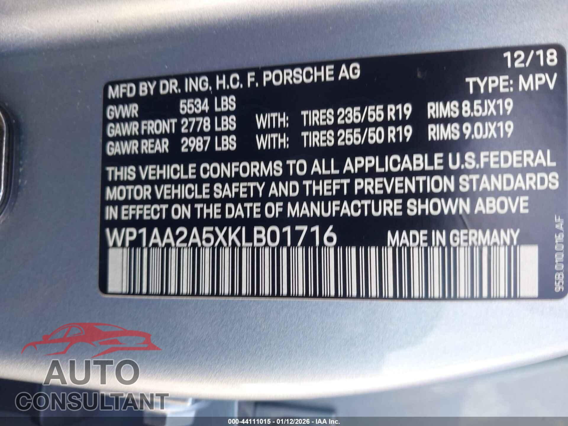 PORSCHE MACAN 2019 - WP1AA2A5XKLB01716