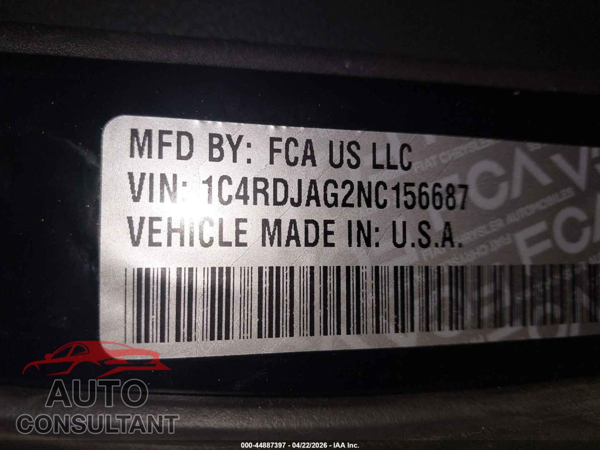 DODGE DURANGO 2022 - 1C4RDJAG2NC156687
