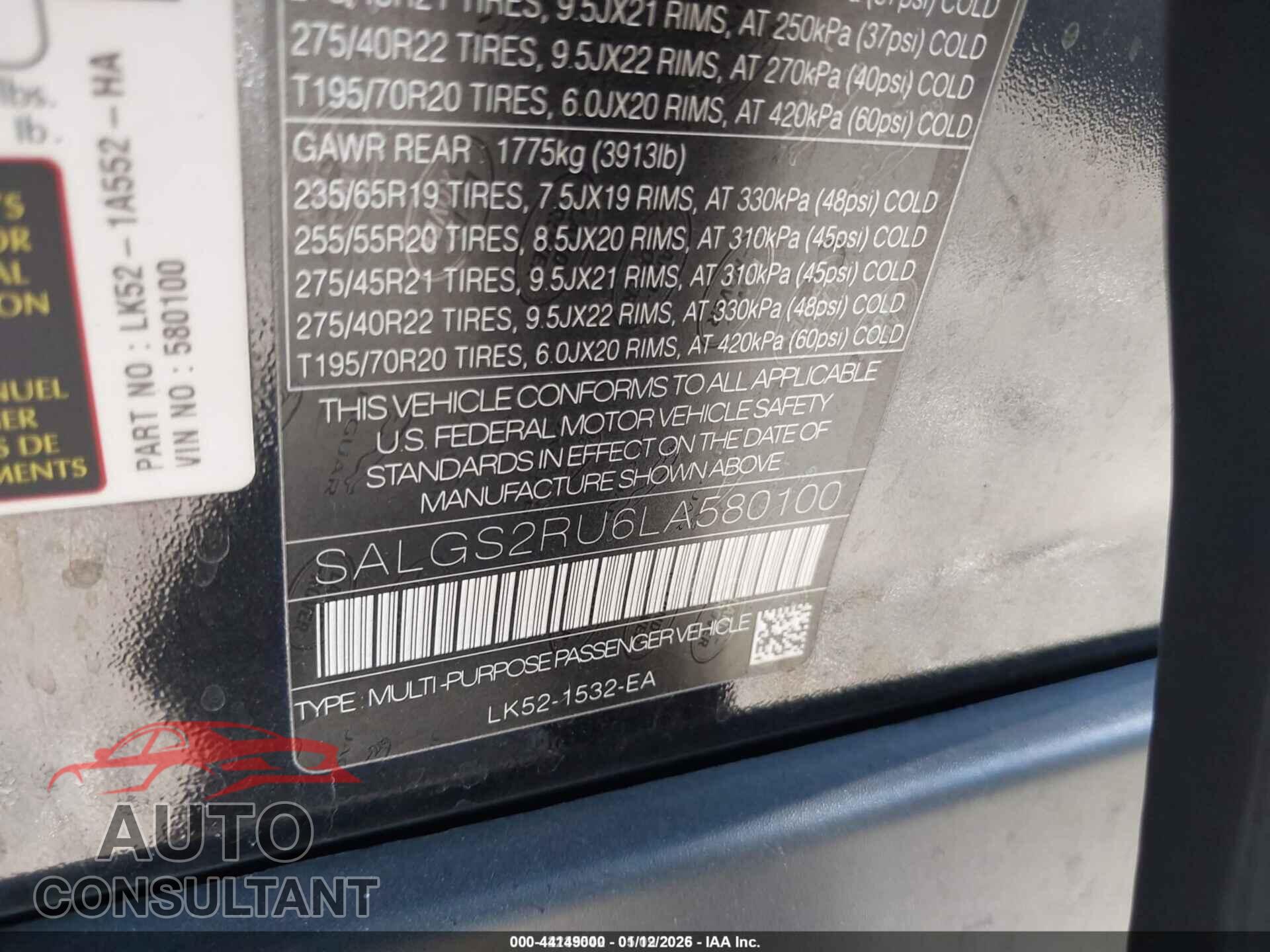 LAND ROVER RANGE ROVER 2020 - SALGS2RU6LA580100