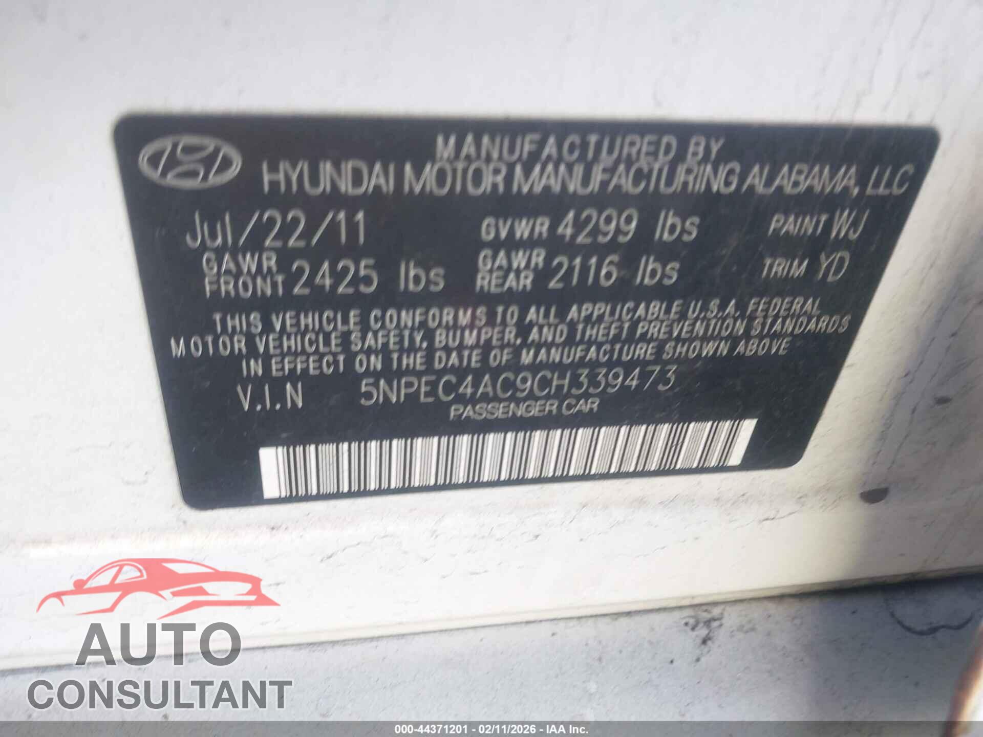 HYUNDAI SONATA 2012 - 5NPEC4AC9CH339473