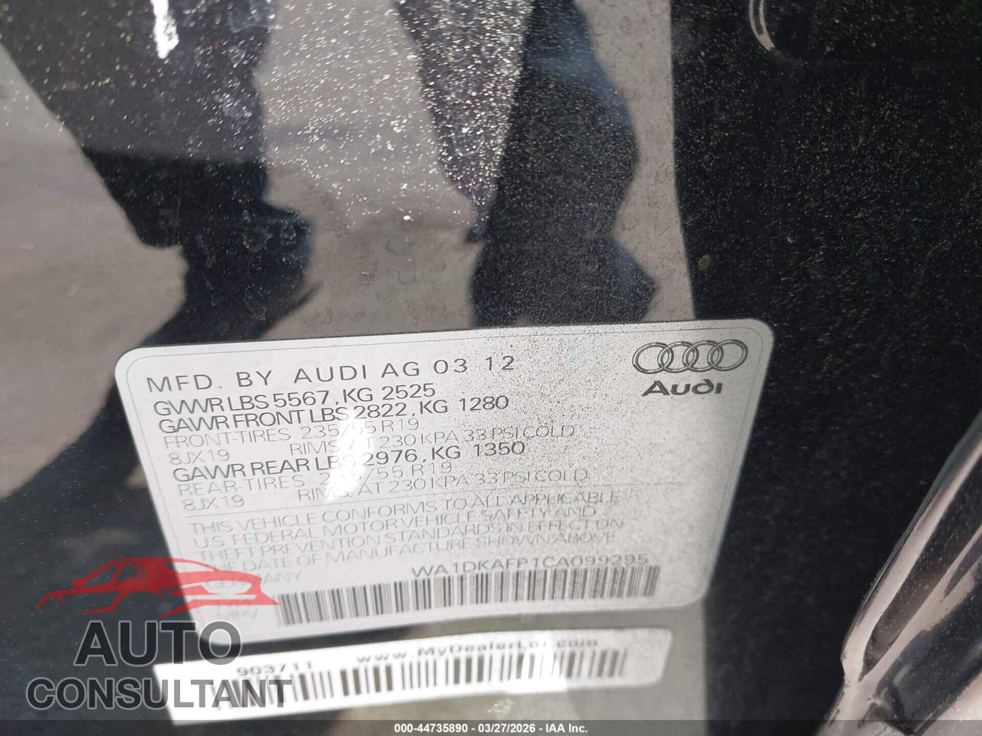 AUDI Q5 2012 - WA1DKAFP1CA099295