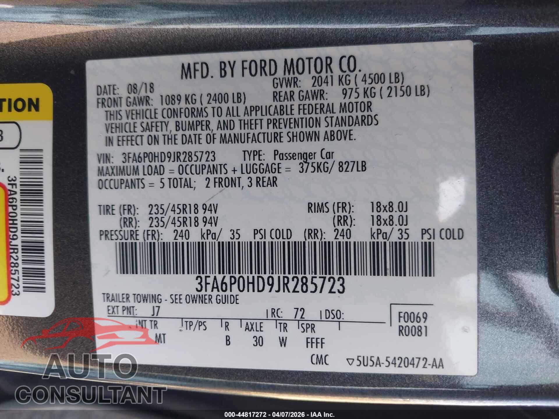 FORD FUSION 2018 - 3FA6P0HD9JR285723