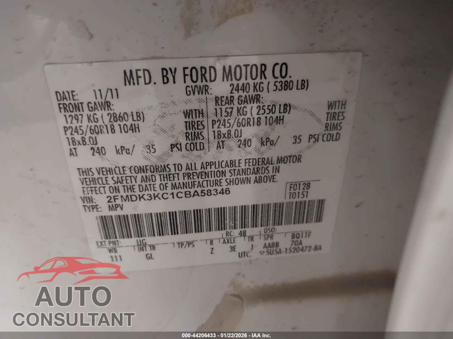 FORD EDGE 2012 - 2FMDK3KC1CBA58346