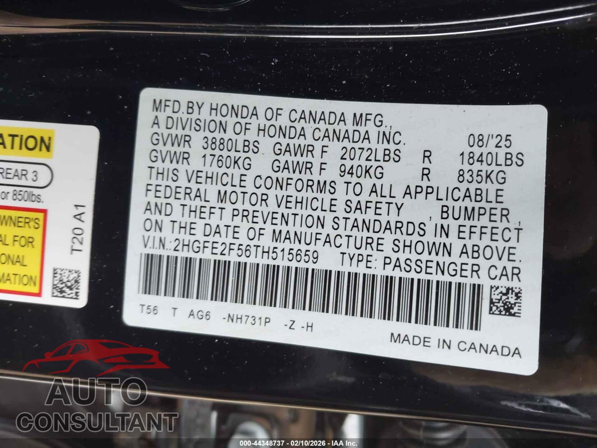 HONDA CIVIC 2026 - 2HGFE2F56TH515659