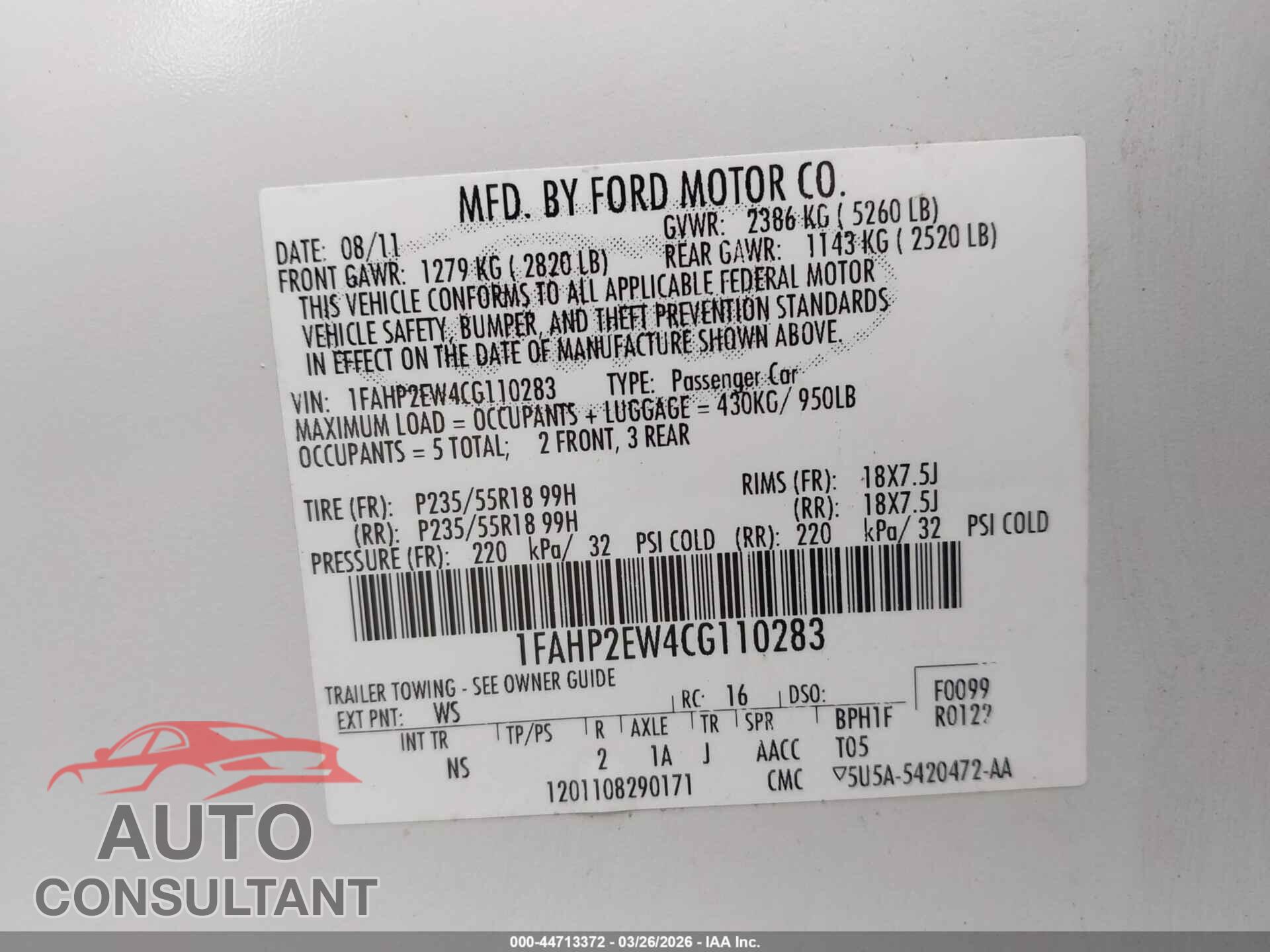 FORD TAURUS 2012 - 1FAHP2EW4CG110283