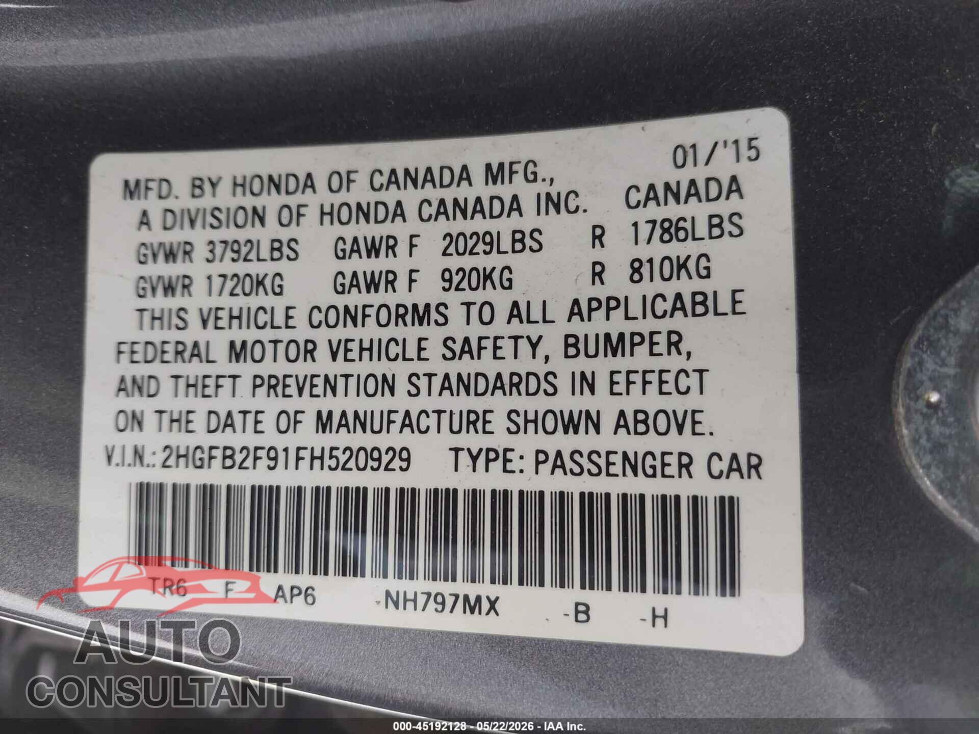 HONDA CIVIC 2015 - 2HGFB2F91FH520929