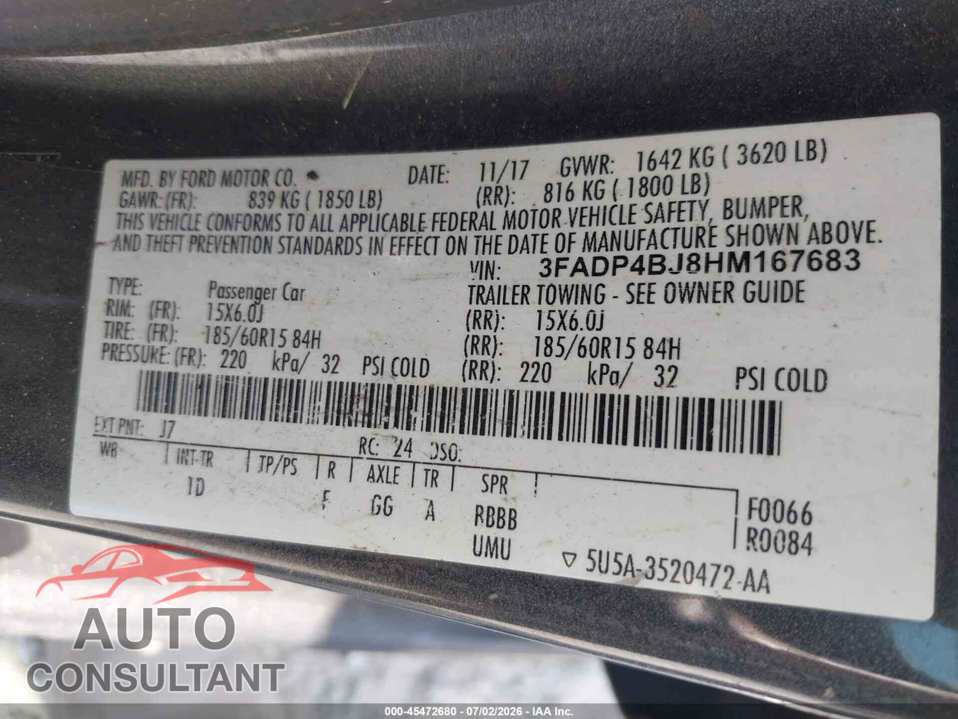FORD FIESTA 2017 - 3FADP4BJ8HM167683