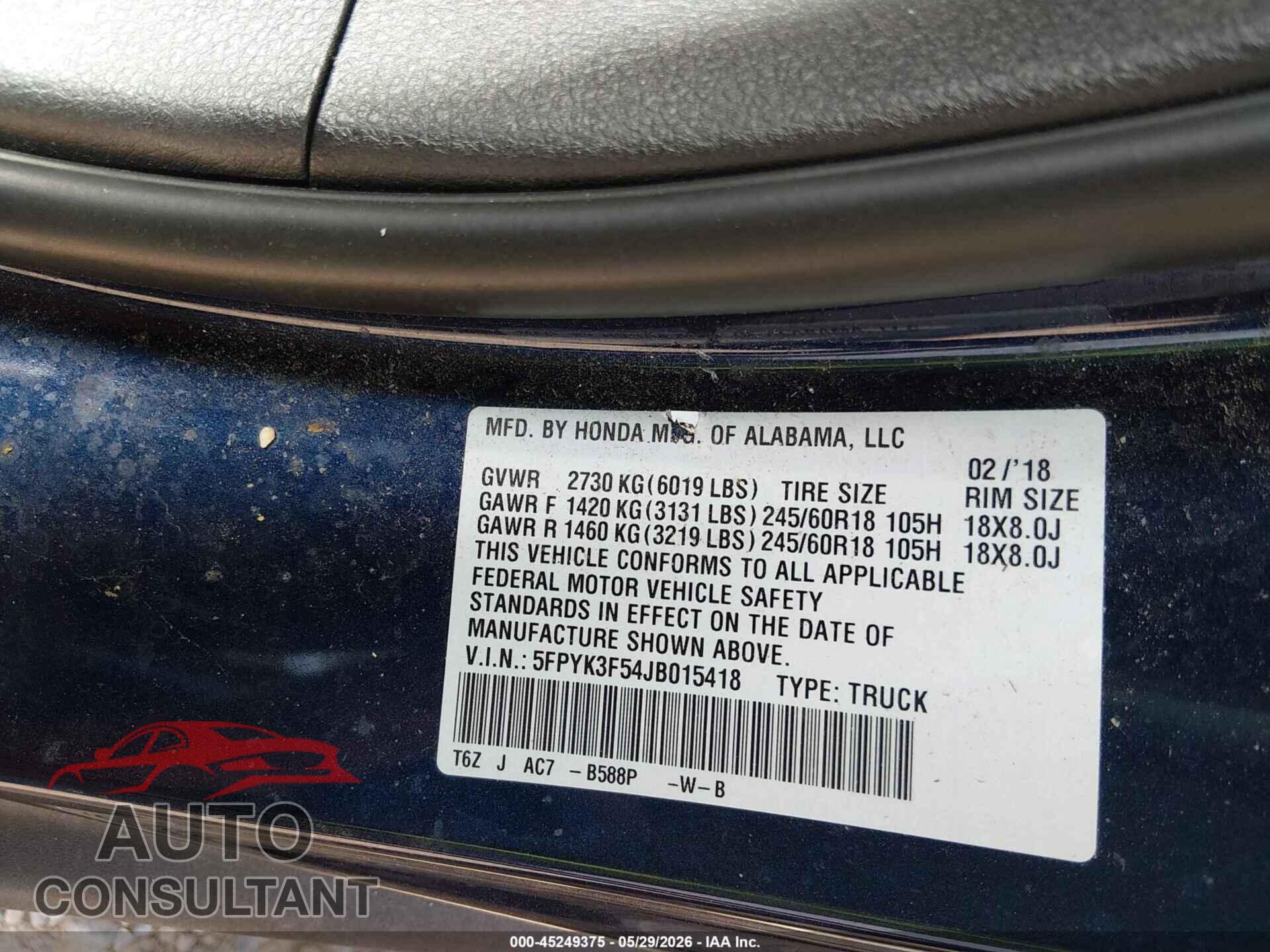 HONDA RIDGELINE 2018 - 5FPYK3F54JB015418