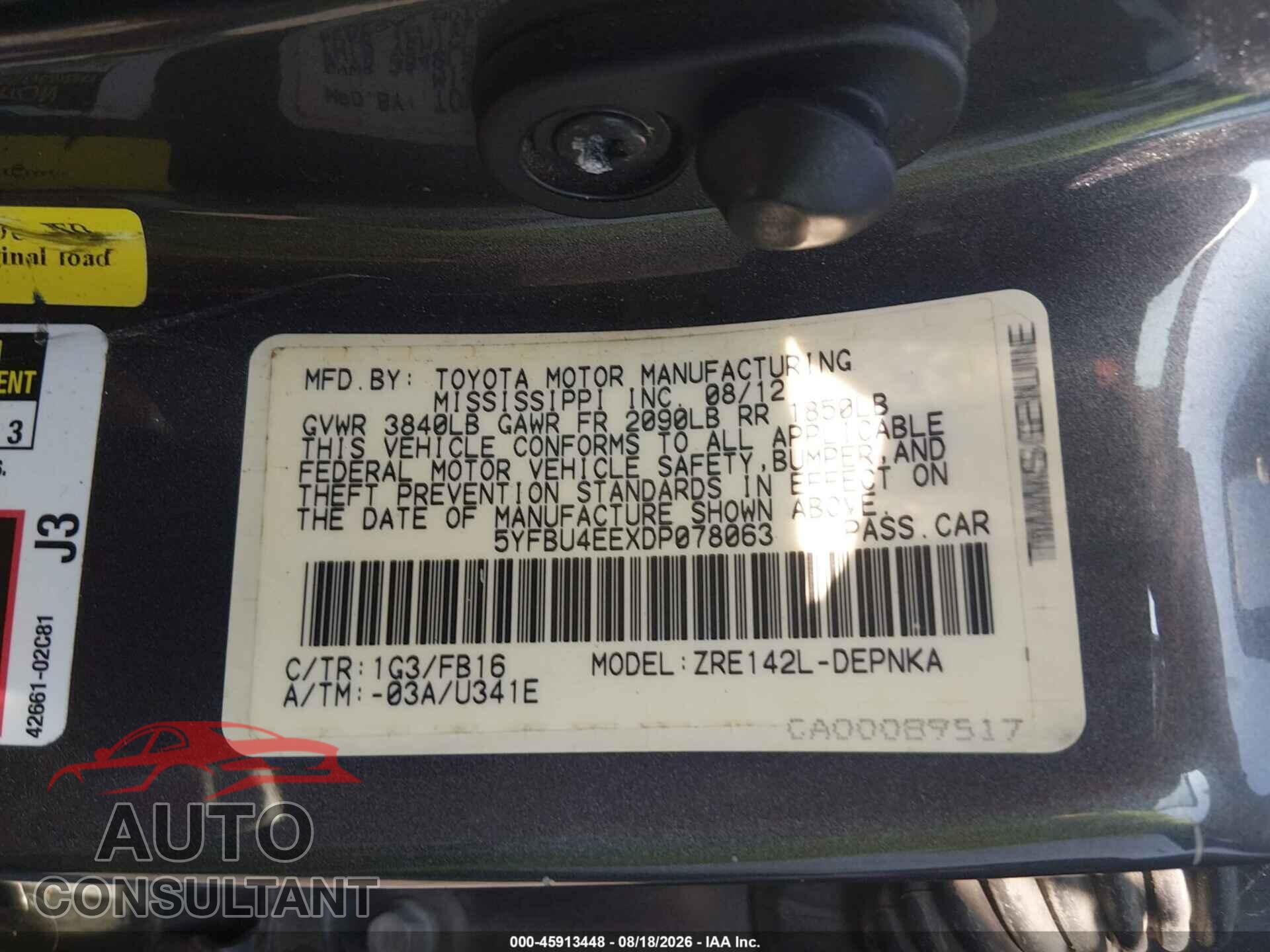 TOYOTA COROLLA 2013 - 5YFBU4EEXDP078063