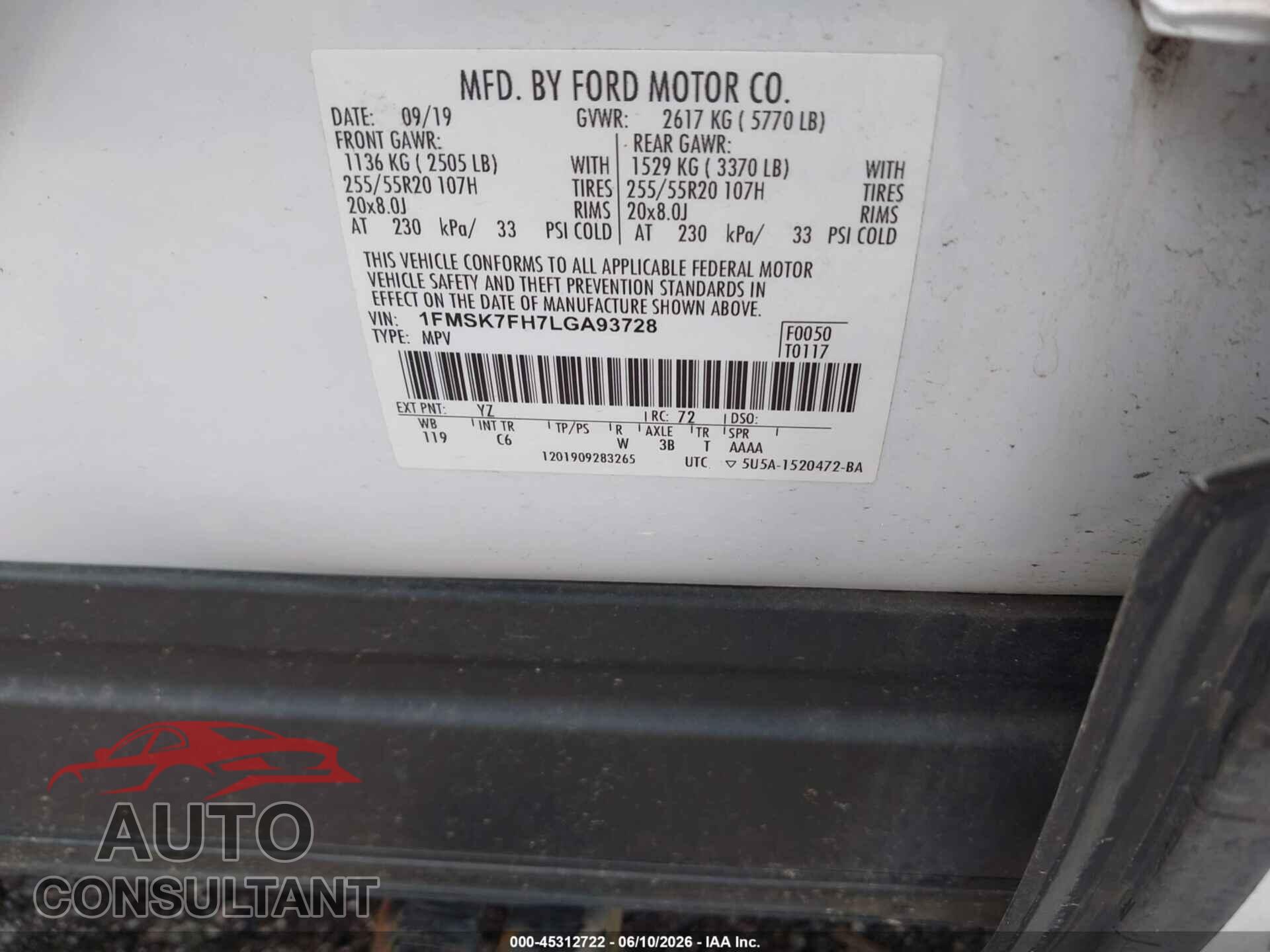 FORD EXPLORER 2020 - 1FMSK7FH7LGA93728