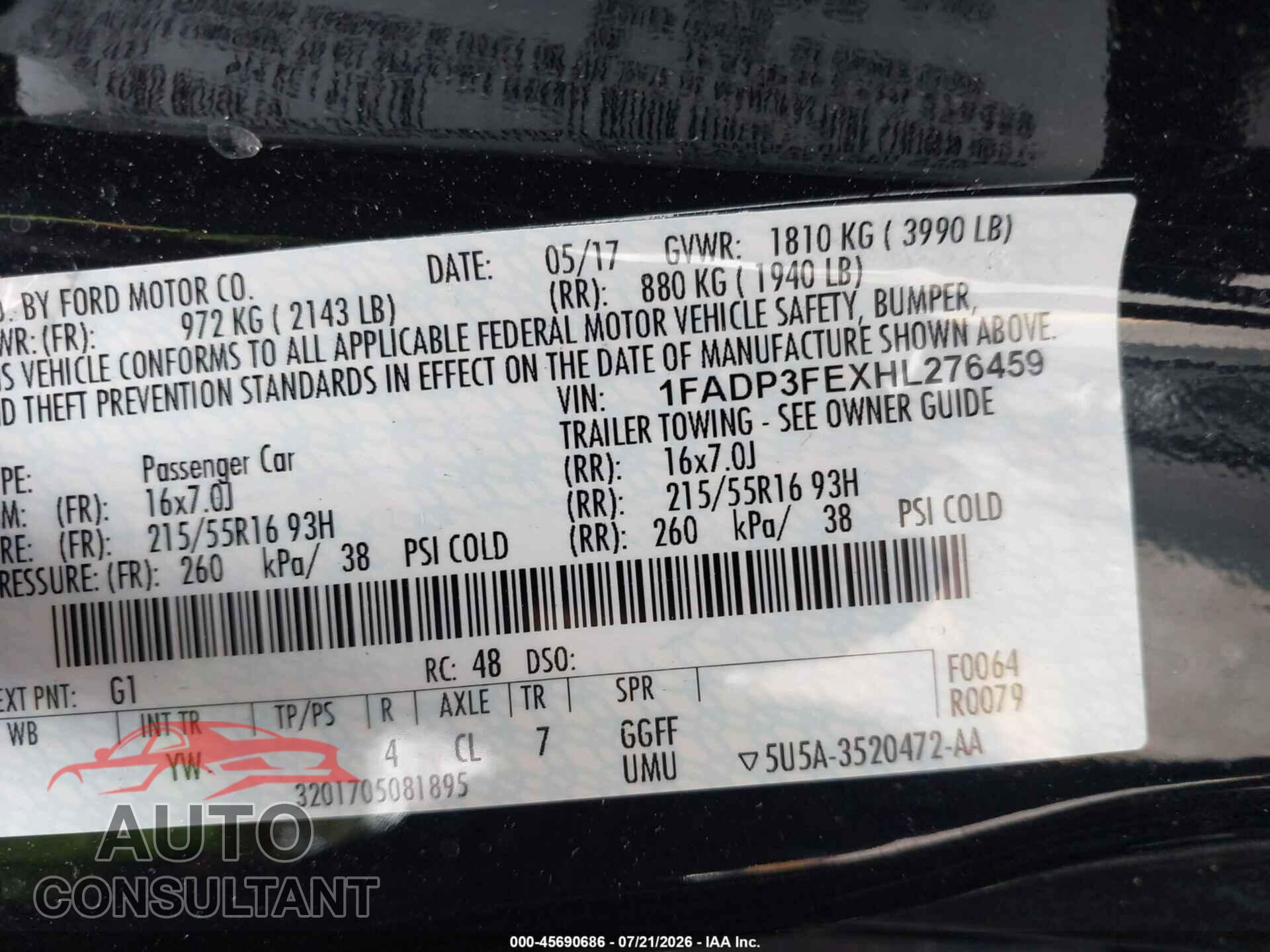 FORD FOCUS 2017 - 1FADP3FEXHL276459