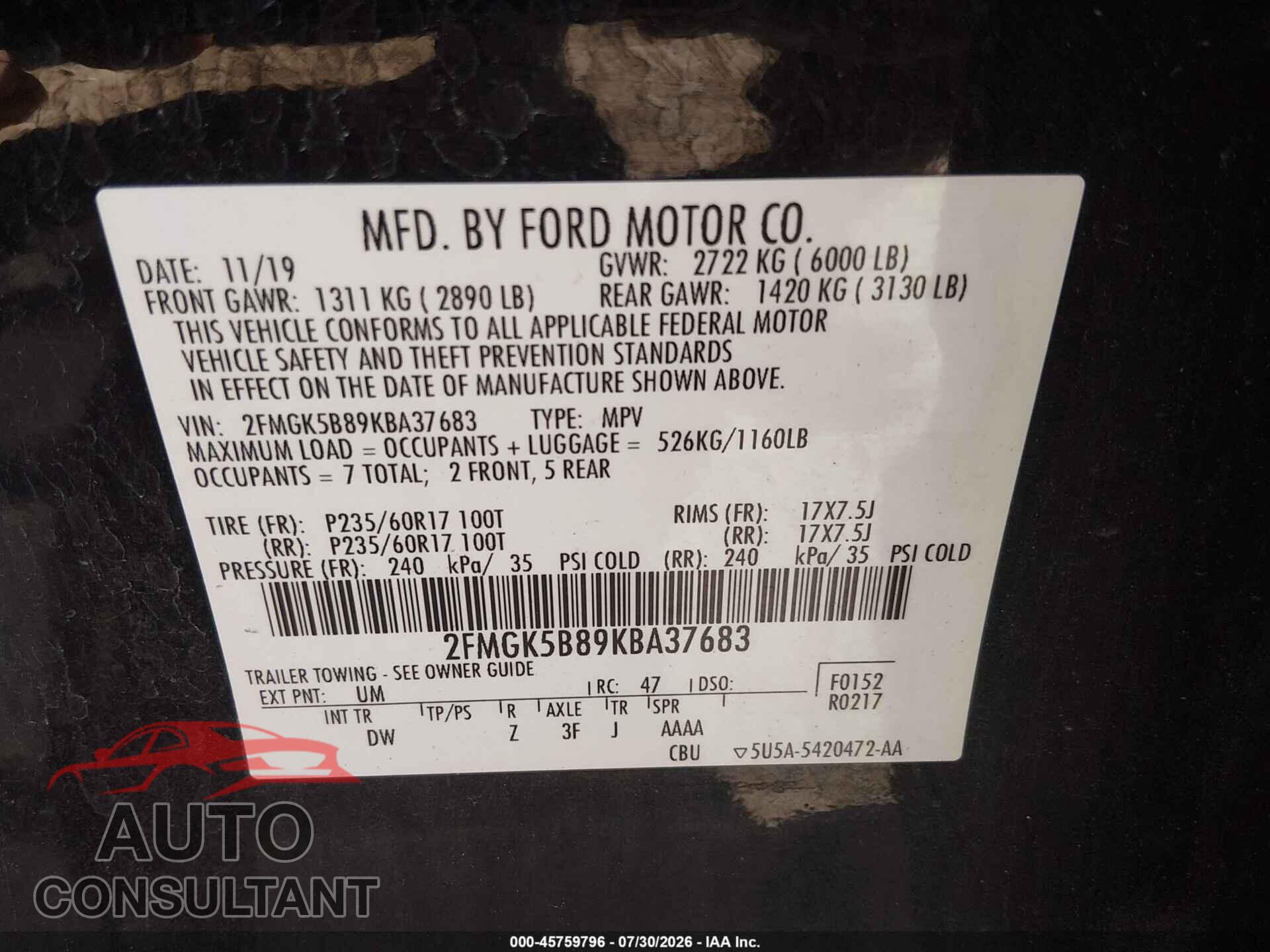 FORD FLEX 2019 - 2FMGK5B89KBA37683