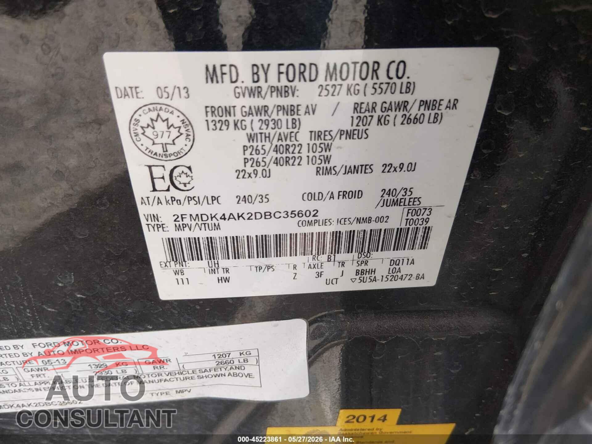 FORD EDGE 2013 - 2FMDK4AK2DBC35602