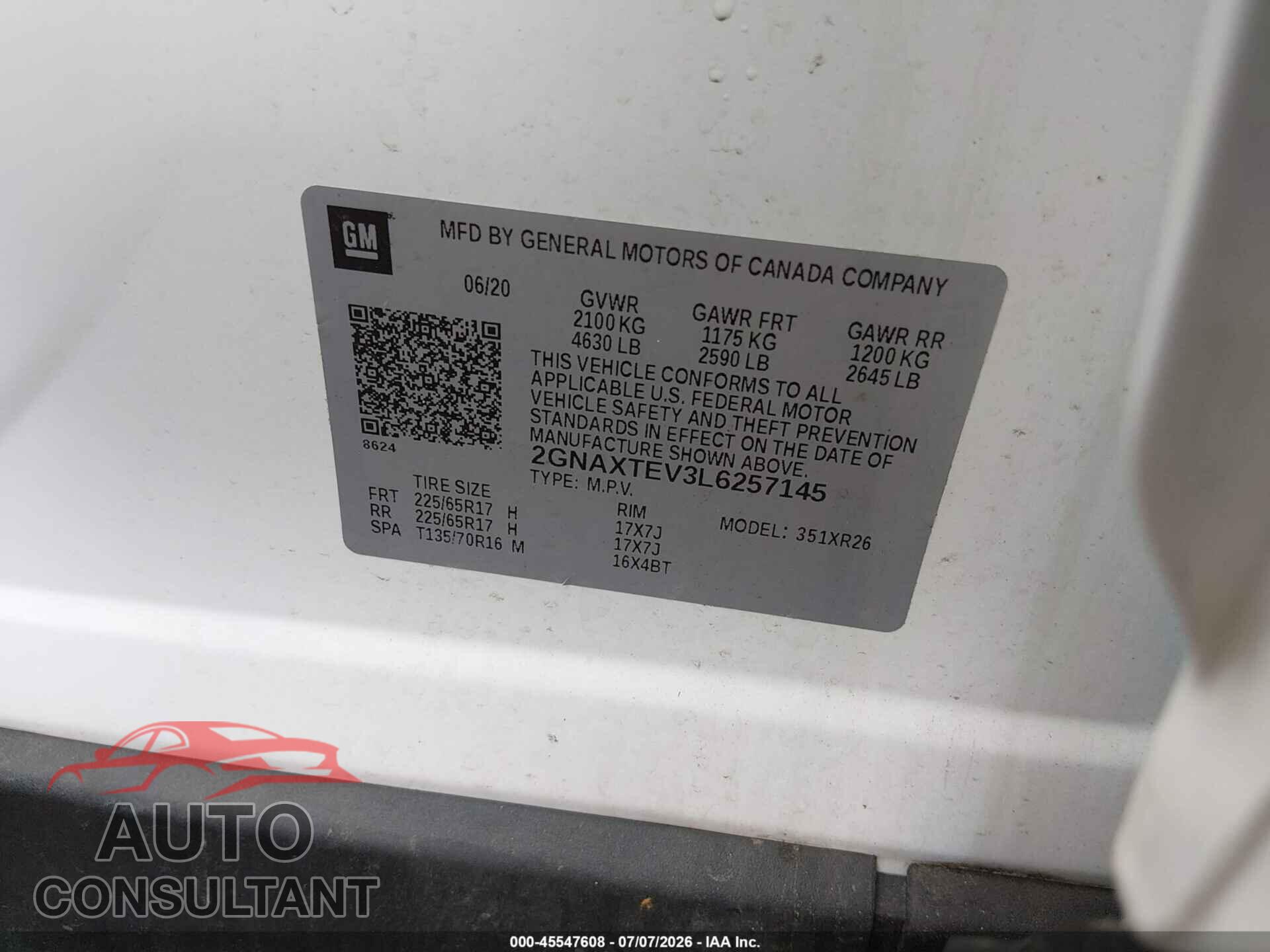 CHEVROLET EQUINOX 2020 - 2GNAXTEV3L6257145