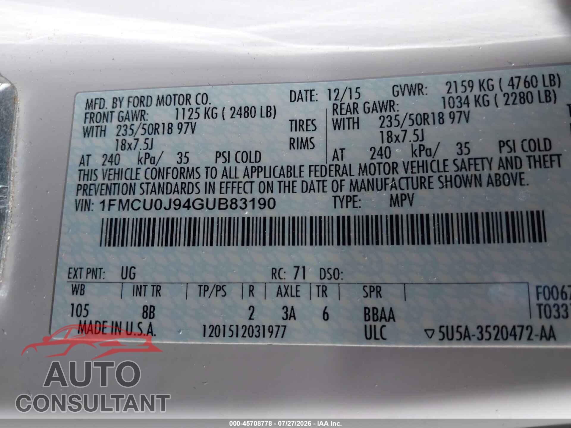 FORD ESCAPE 2016 - 1FMCU0J94GUB83190