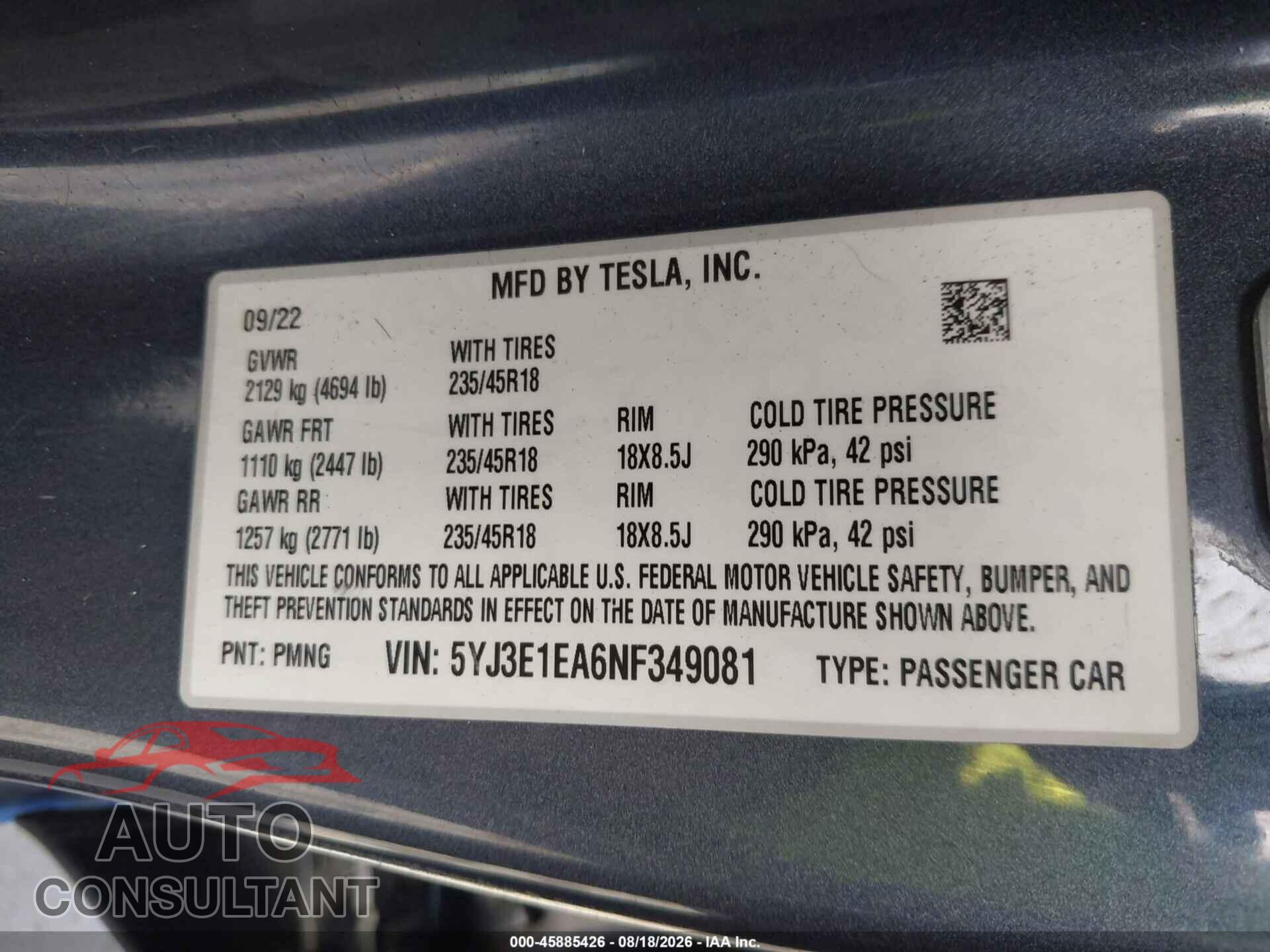 TESLA MODEL 3 2022 - 5YJ3E1EA6NF349081