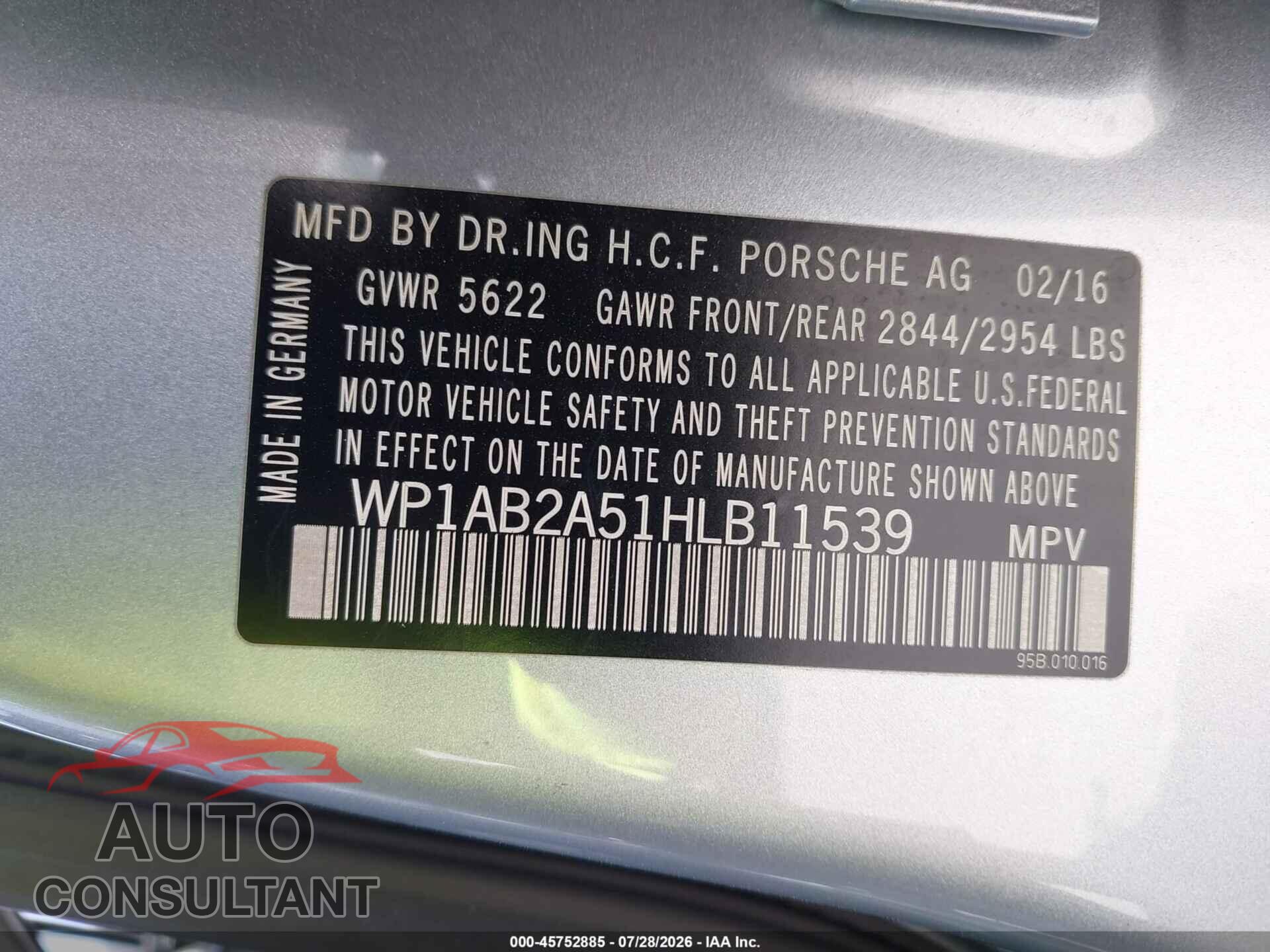 PORSCHE MACAN 2017 - WP1AB2A51HLB11539
