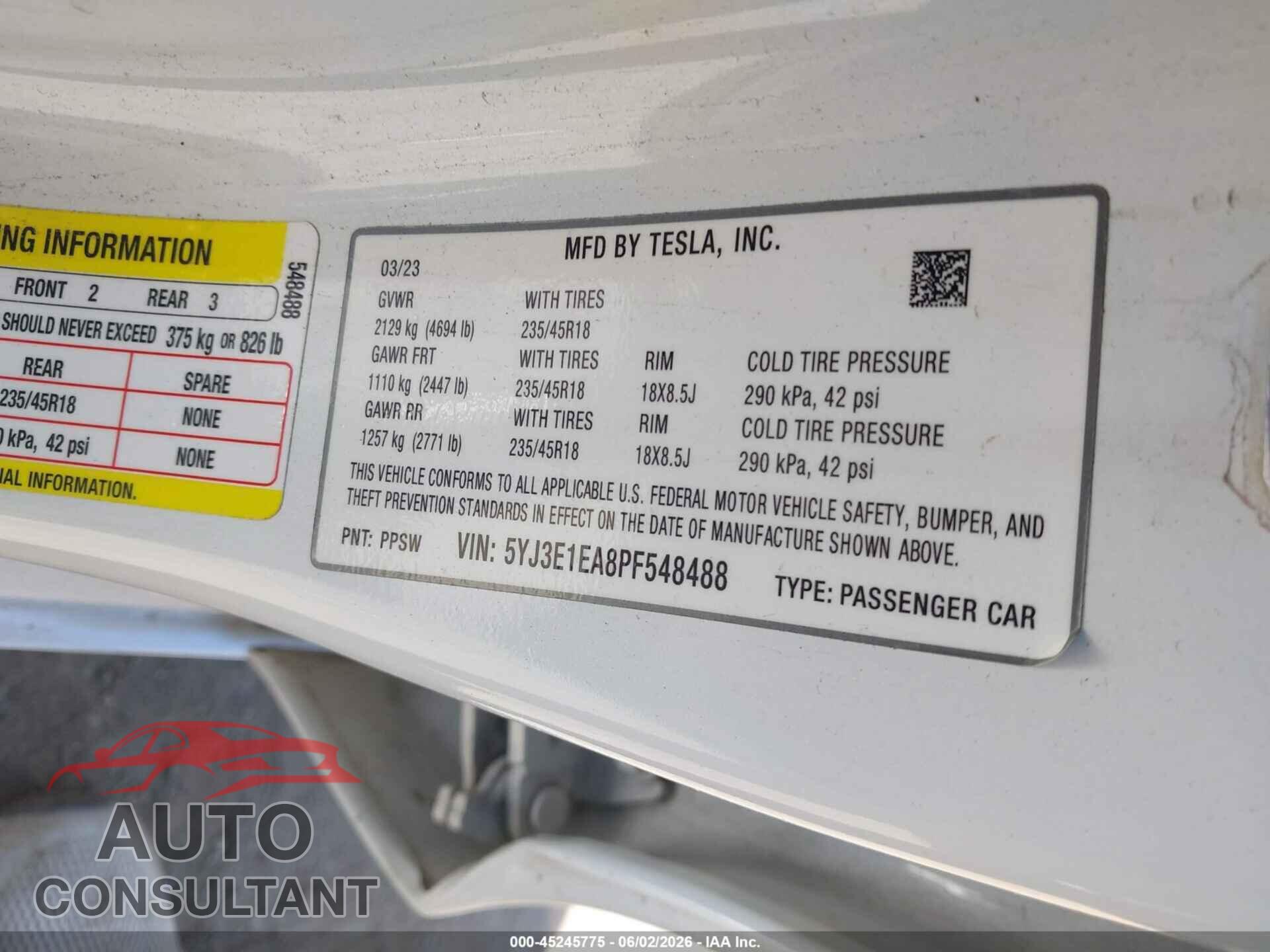 TESLA MODEL 3 2023 - 5YJ3E1EA8PF548488
