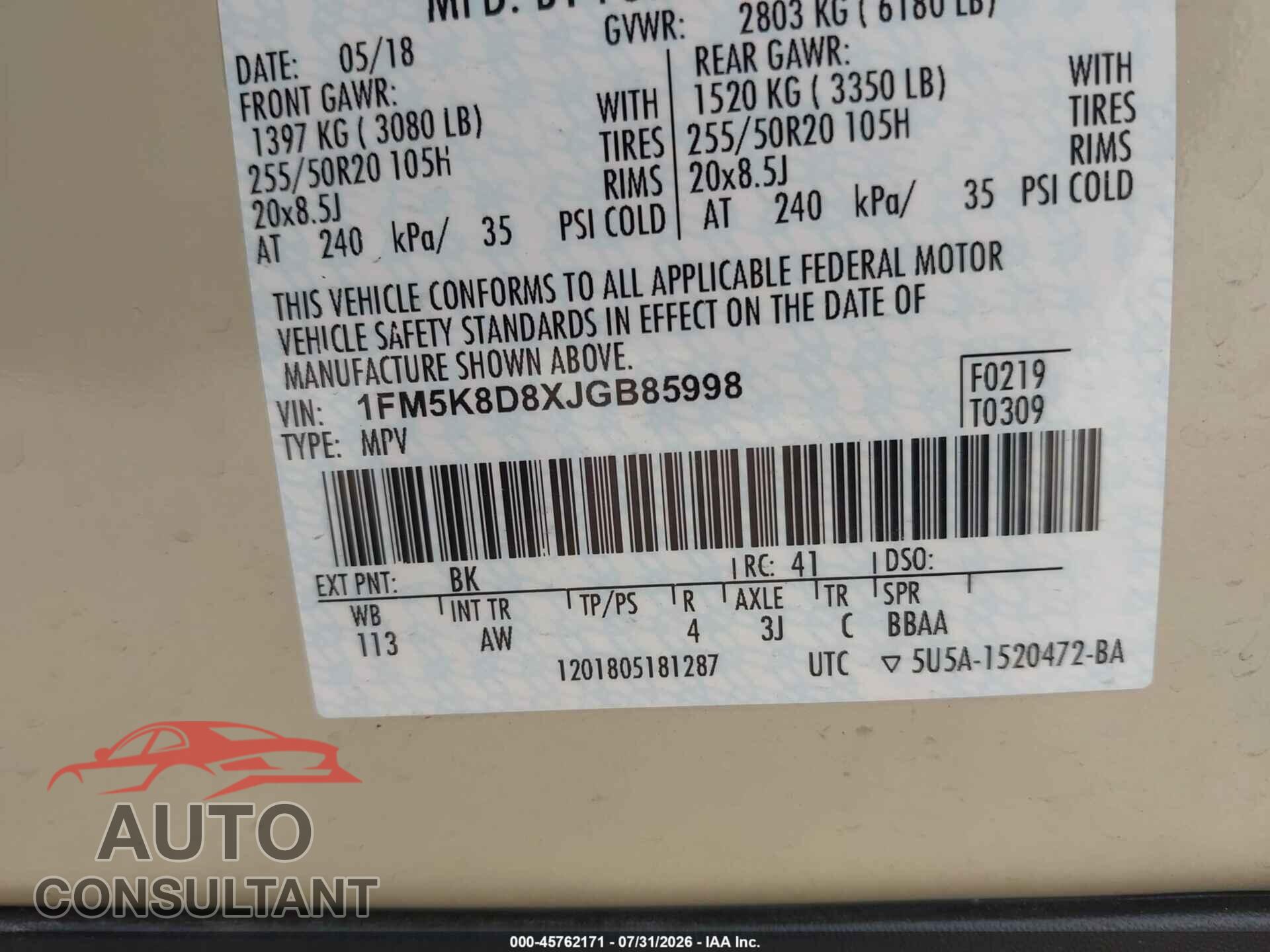 FORD EXPLORER 2018 - 1FM5K8D8XJGB85998
