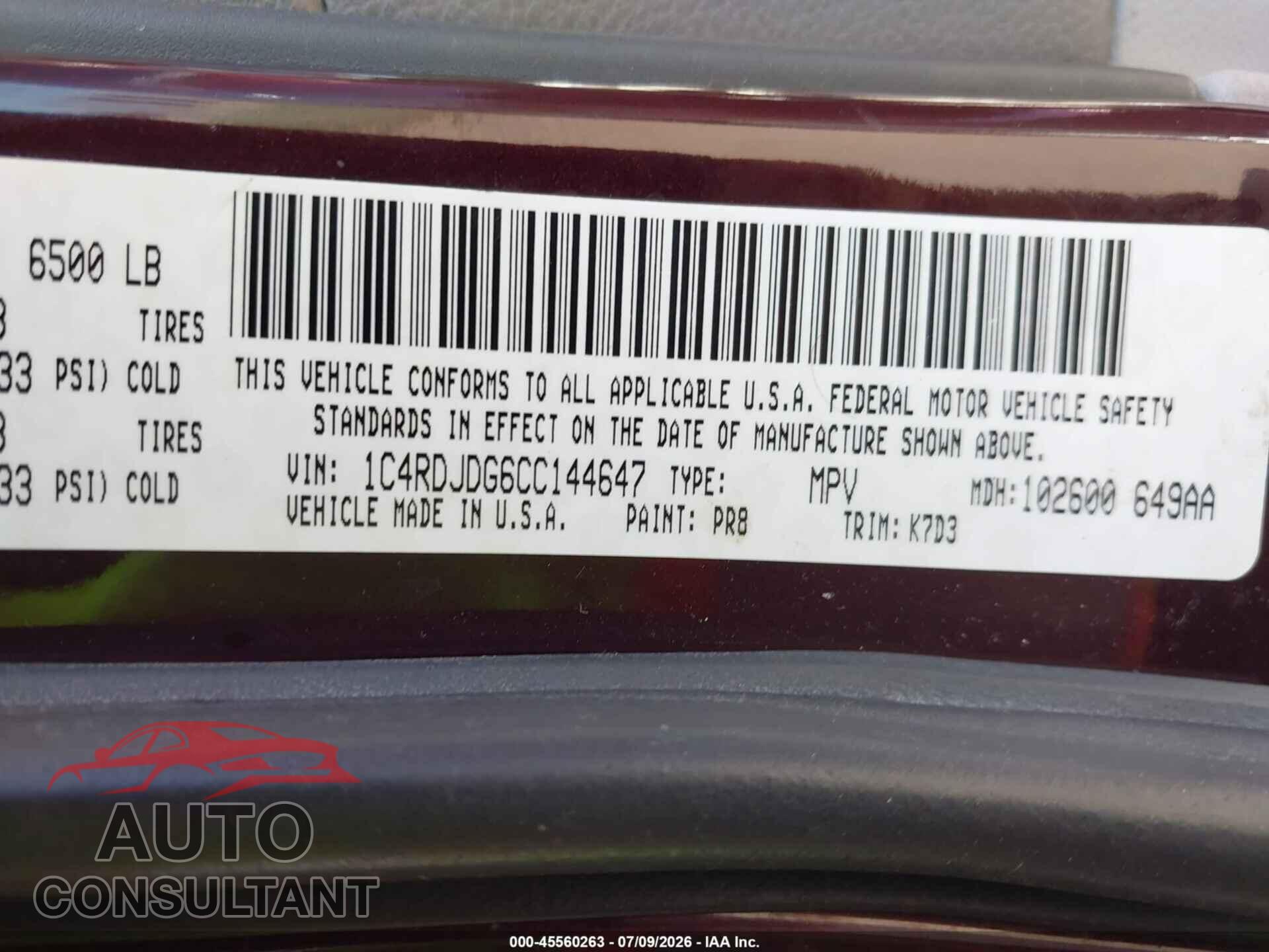 DODGE DURANGO 2012 - 1C4RDJDG6CC144647