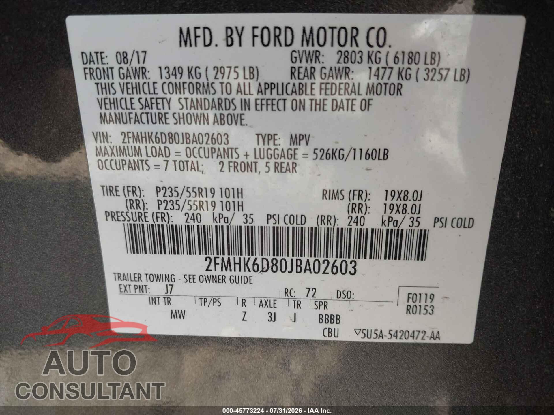FORD FLEX 2018 - 2FMHK6D80JBA02603
