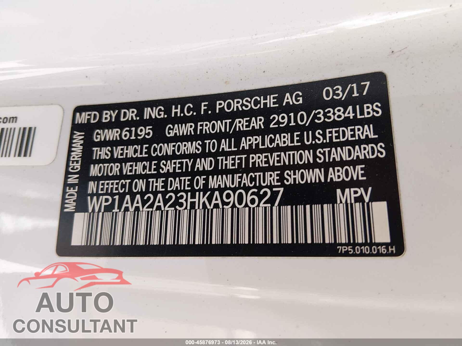PORSCHE CAYENNE 2017 - WP1AA2A23HKA90627
